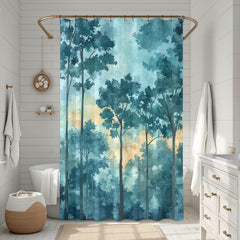 Mist Forest Shower Curtain, Watercolor Tree Silhouette Bathroom Decor, Serene Blue Nature Bath Curtain