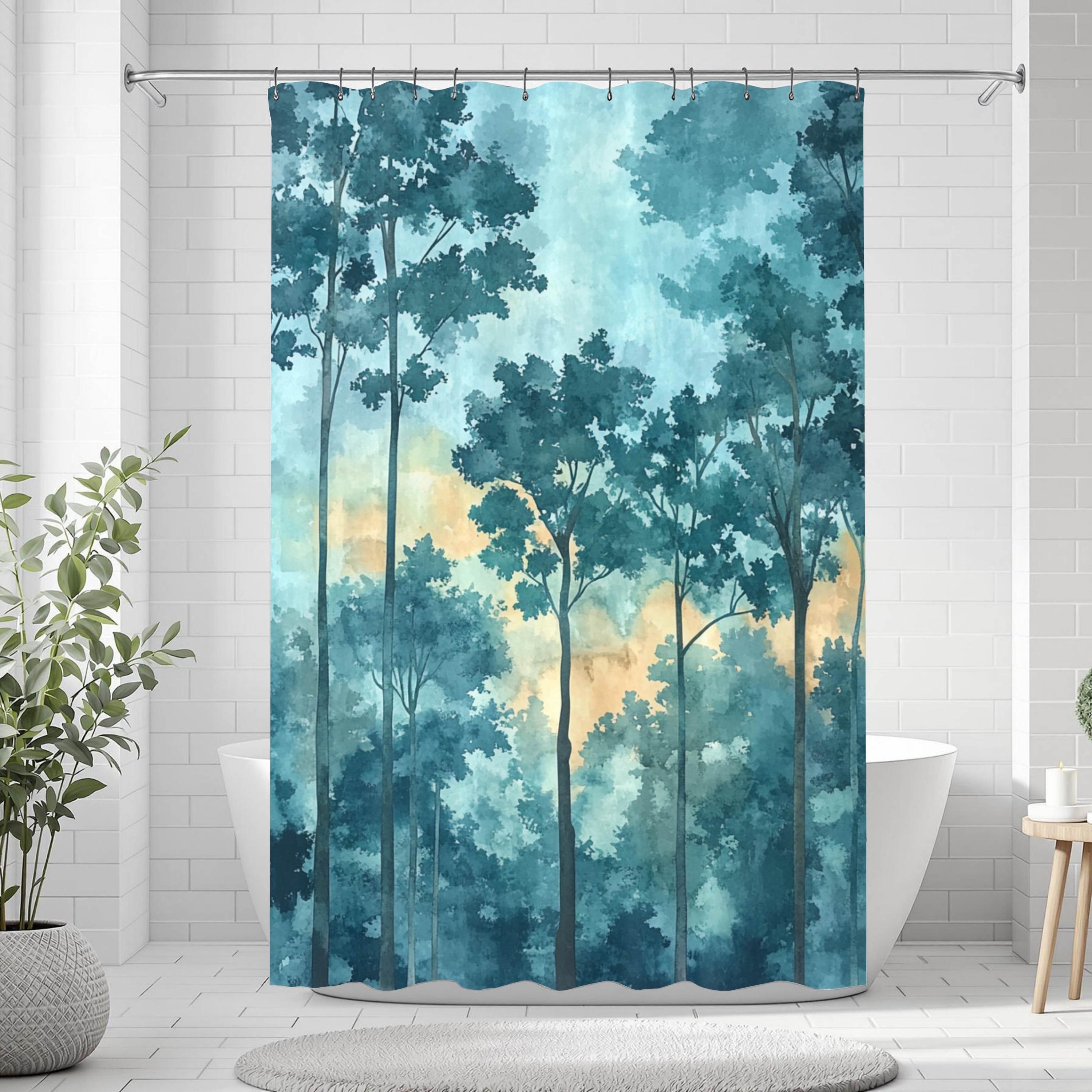 Mist Forest Shower Curtain, Watercolor Tree Silhouette Bathroom Decor, Serene Blue Nature Bath Curtain