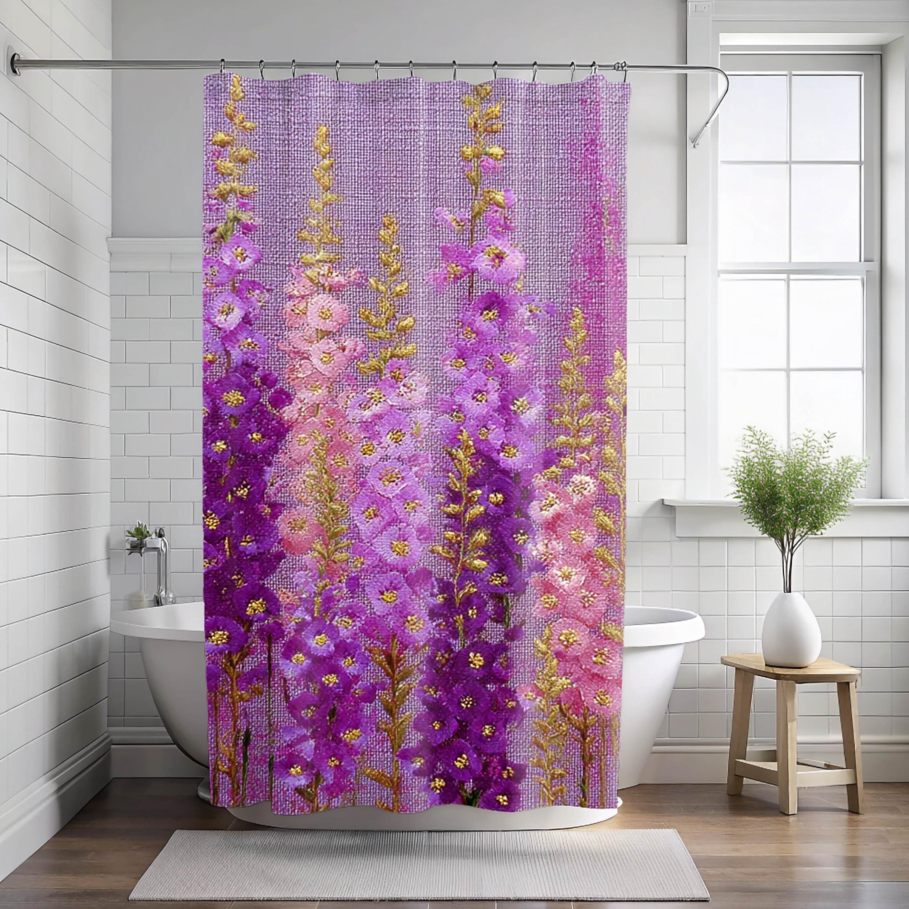 Purple Meadow Flower Shower Curtain, Pink Fuschia Wildflower Bathroom Decor, Cottage Floral Bath Art