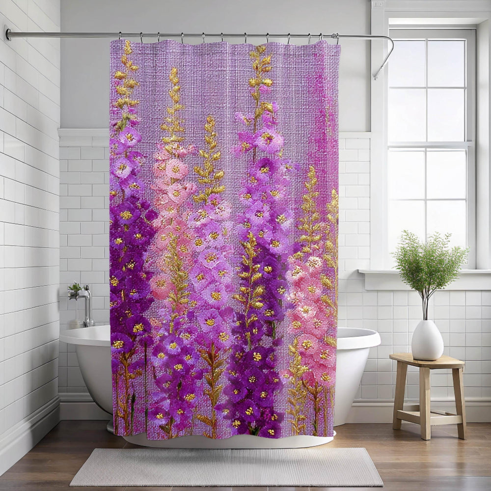 Purple Meadow Flower Shower Curtain, Pink Fuschia Wildflower Bathroom Decor, Cottage Floral Bath Art
