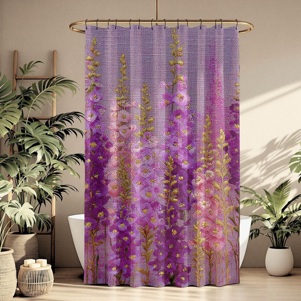 Purple Meadow Flower Shower Curtain, Pink Fuschia Wildflower Bathroom Decor, Cottage Floral Bath Art