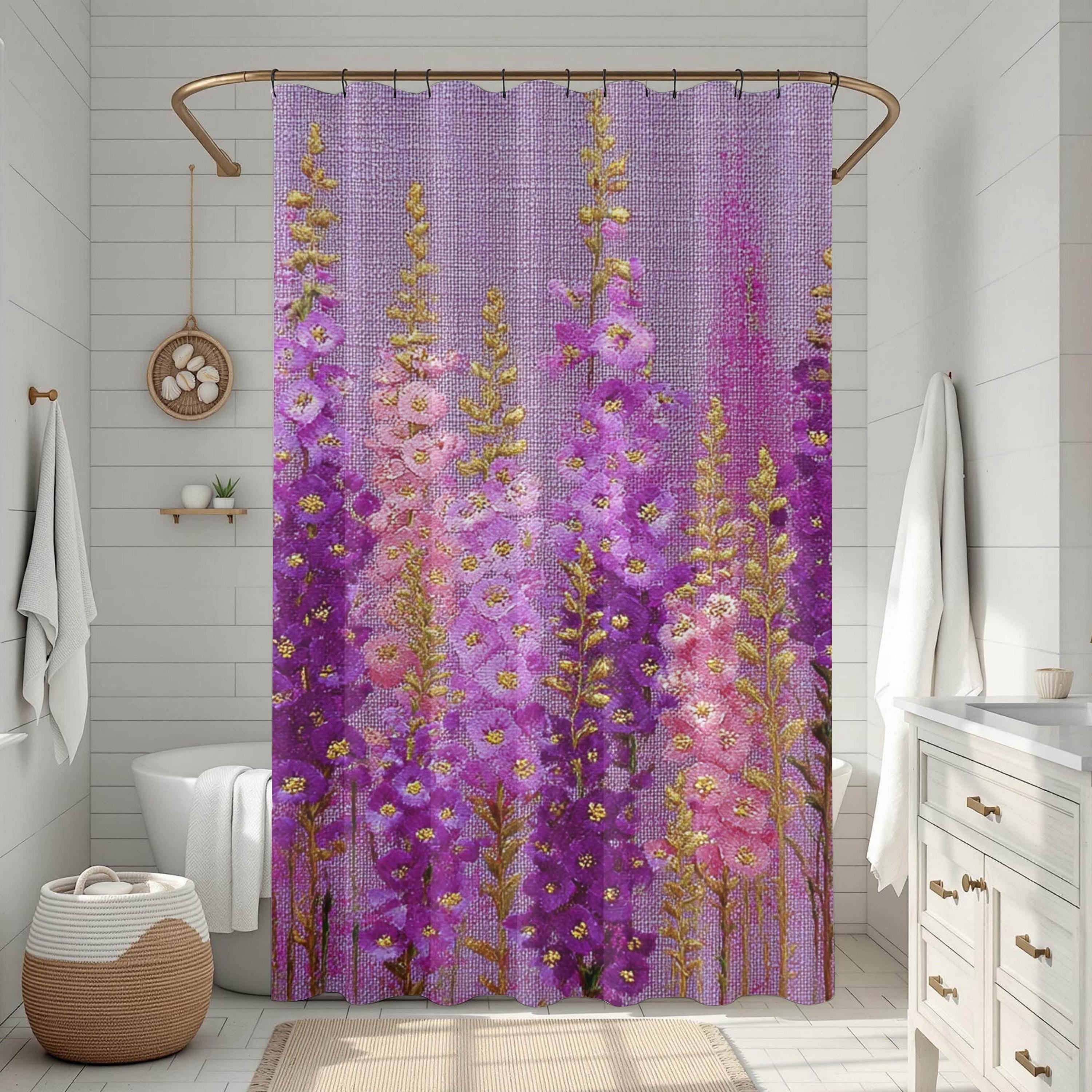 Purple Meadow Flower Shower Curtain, Pink Fuschia Wildflower Bathroom Decor, Cottage Floral Bath Art