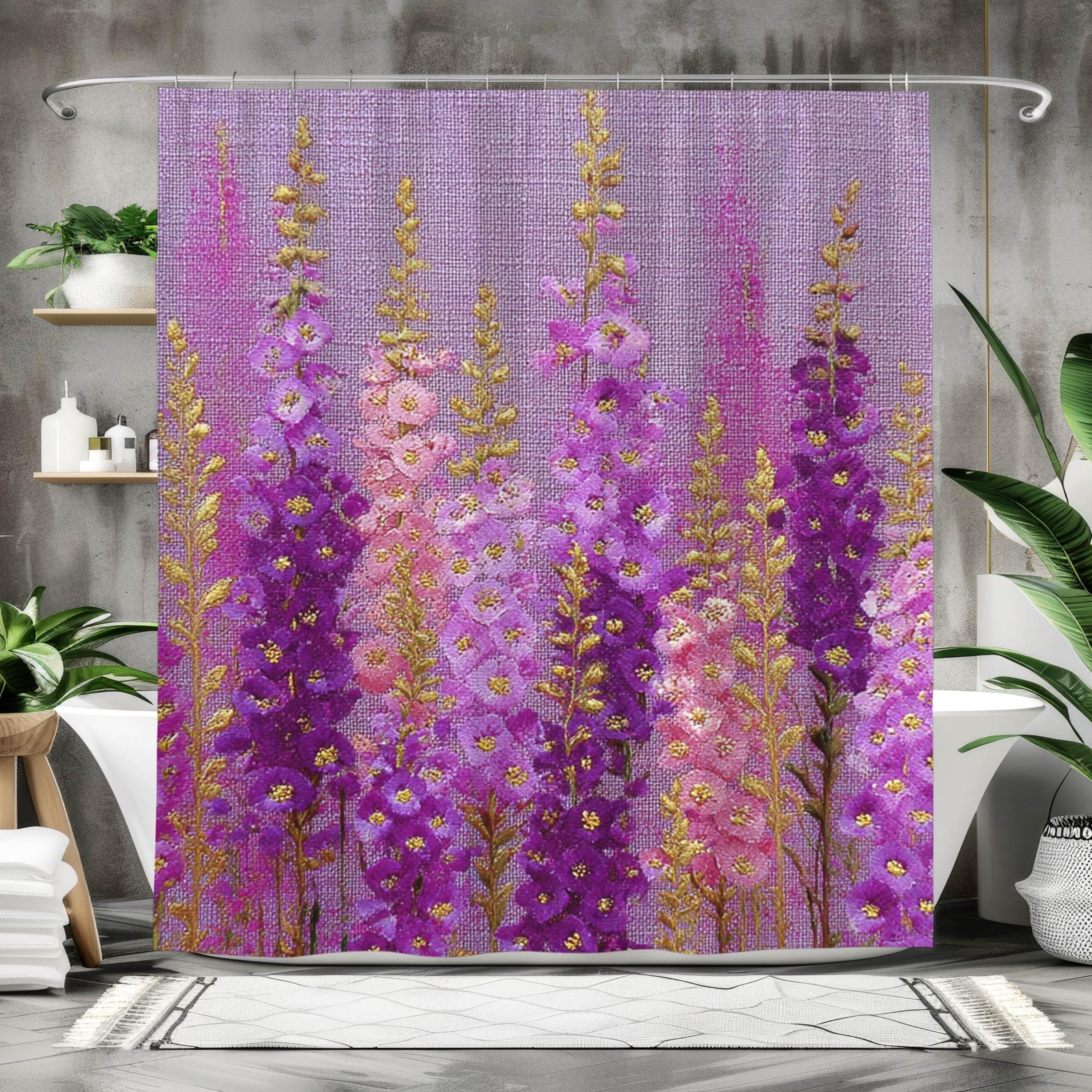 Purple Meadow Flower Shower Curtain, Pink Fuschia Wildflower Bathroom Decor, Cottage Floral Bath Art