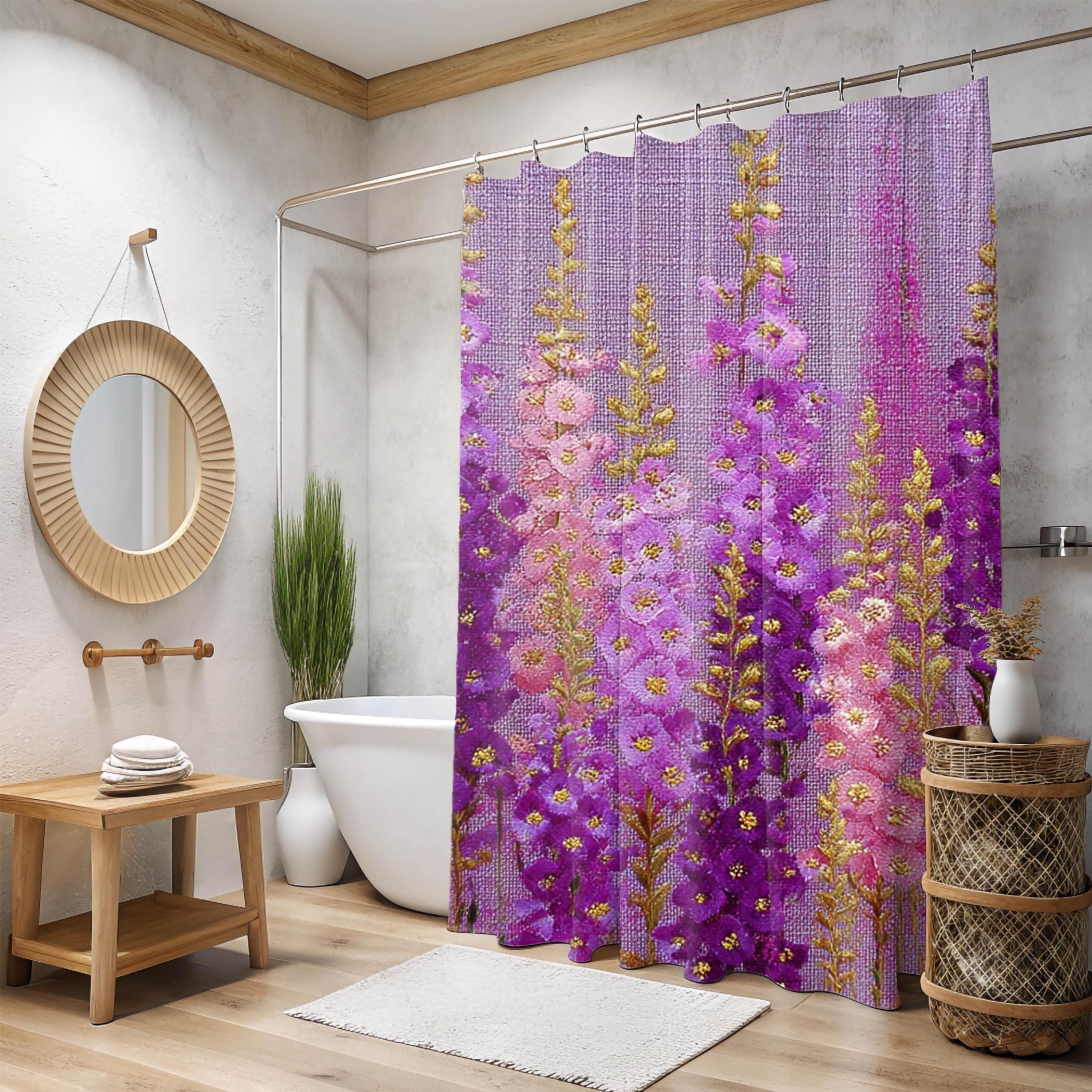 Purple Meadow Flower Shower Curtain, Pink Fuschia Wildflower Bathroom Decor, Cottage Floral Bath Art