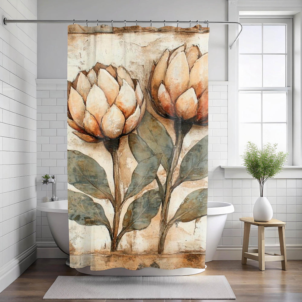 Neutral Rustic Flower Shower Curtain, Vintage Botanical Bathroom Decor, Earthy Bath Art
