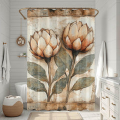 Neutral Rustic Flower Shower Curtain, Vintage Botanical Bathroom Decor, Earthy Bath Art