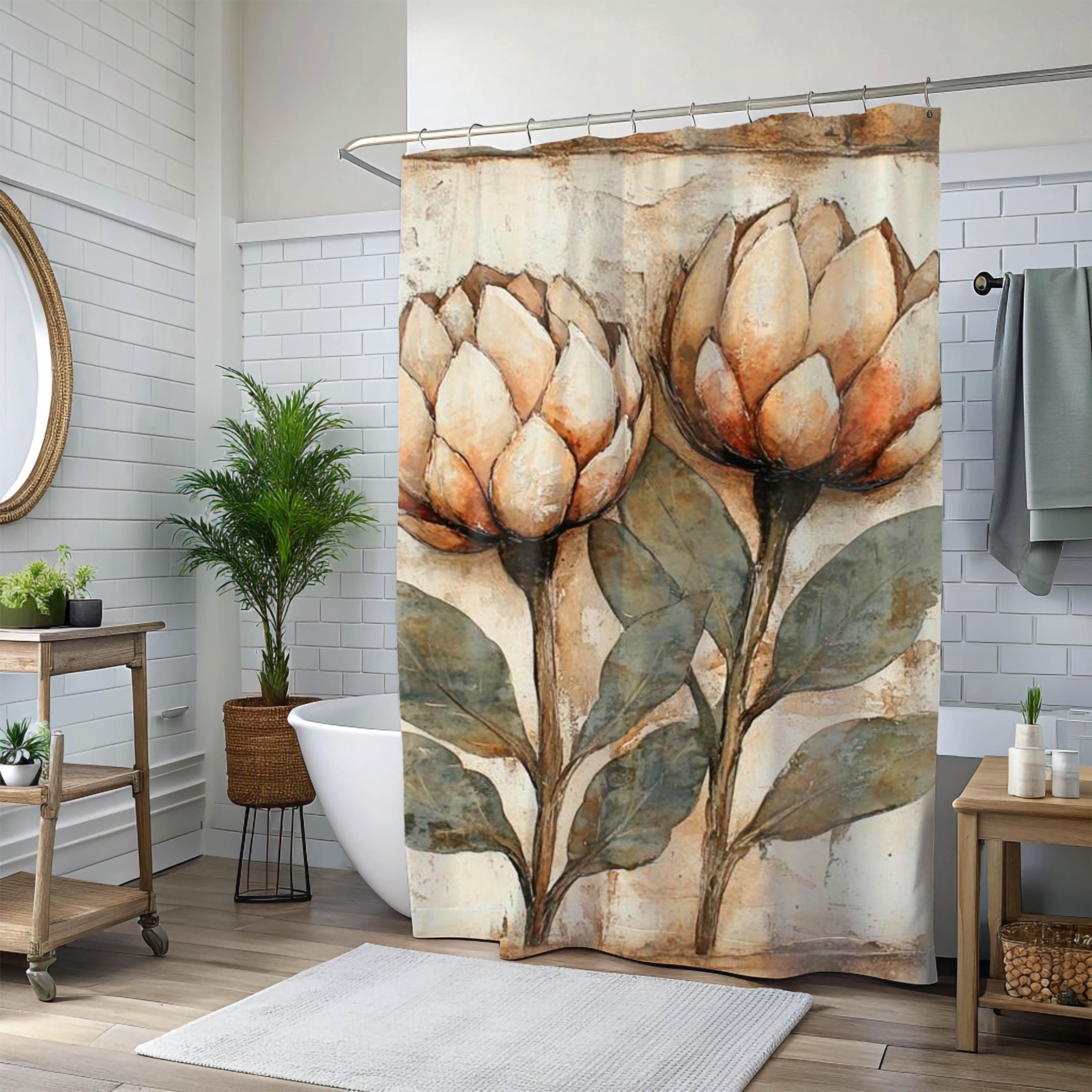 Neutral Rustic Flower Shower Curtain, Vintage Botanical Bathroom Decor, Earthy Bath Art