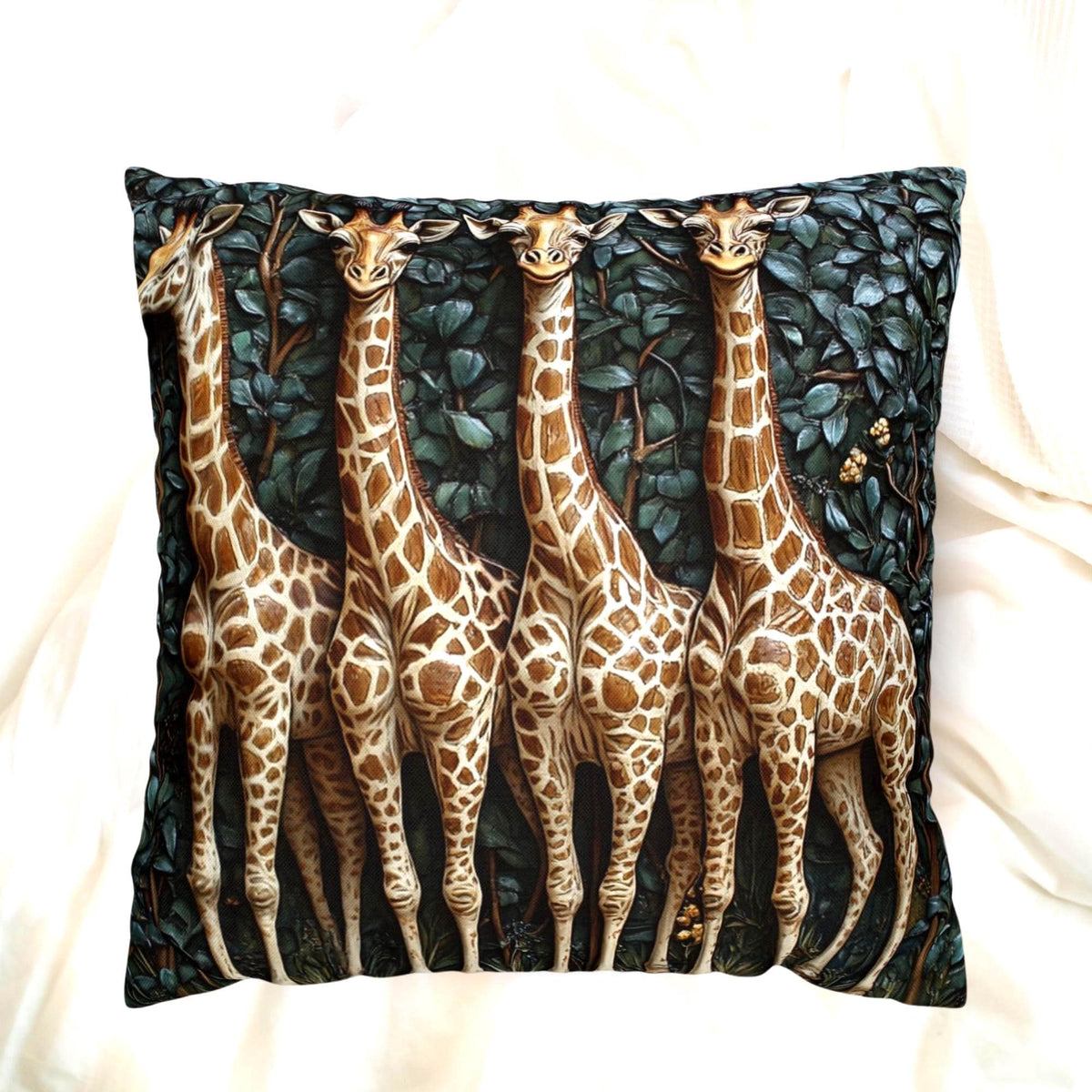 Whimsical Giraffe Family Throw Pillow, Vintage Safari Animal Cushion, Botanical Wildlife Nature Decor, Storybook Accent Pillow