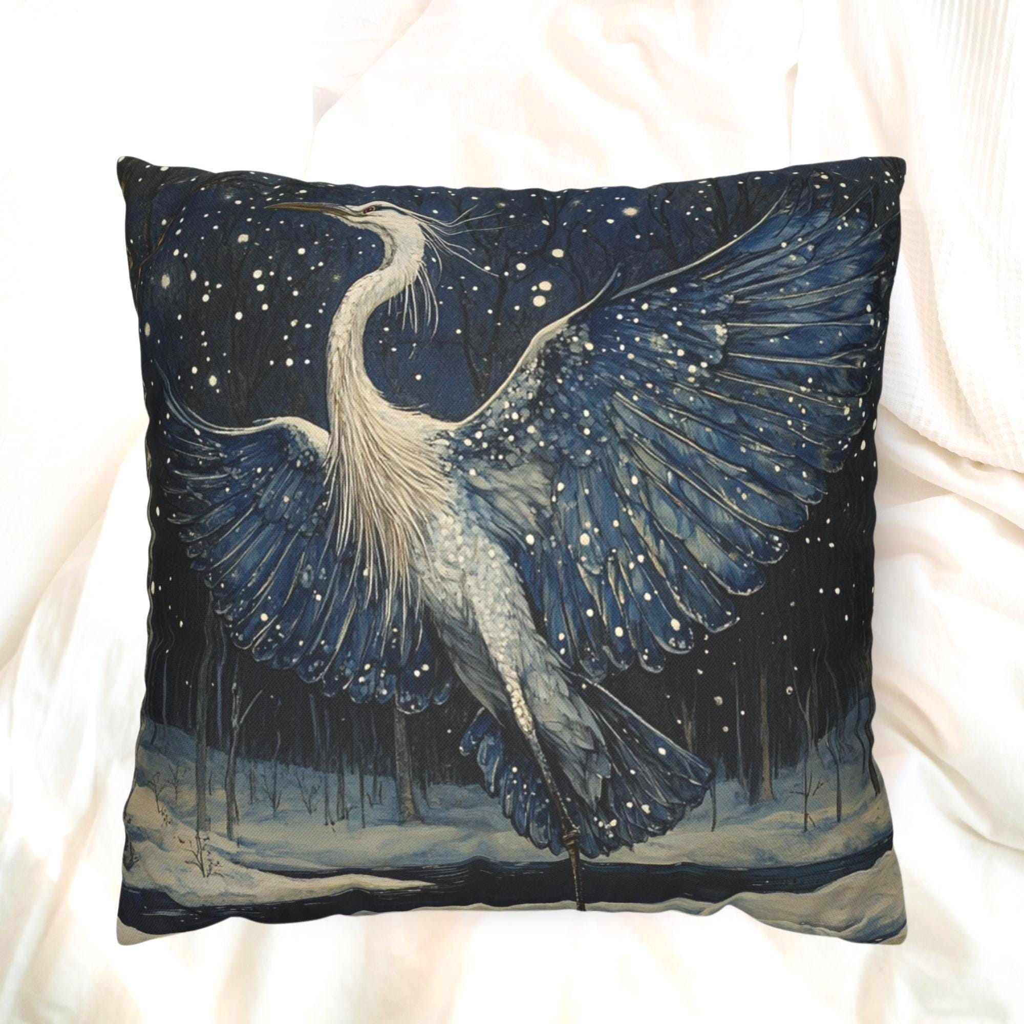 Winter Heron Moonlight Throw Pillow, Snowy Night Bird Cushion, Blue Woodland Wildlife Decor, Enchanted Forest Accent Pillow
