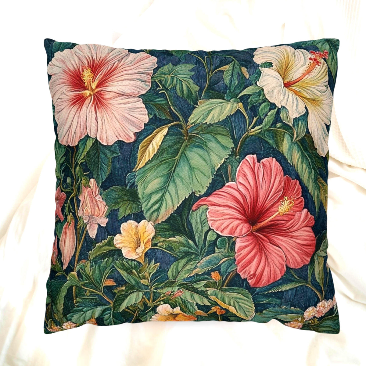 Hibiscus Floral Throw Pillow, William Morris Botanical Cushion, Tropical Garden Pillow, Vintage Inspired Home Decor, Moody Jungle Accent