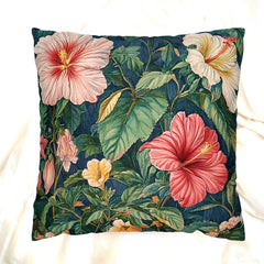 Hibiscus Floral Throw Pillow, William Morris Botanical Cushion, Tropical Garden Pillow, Vintage Inspired Home Decor, Moody Jungle Accent