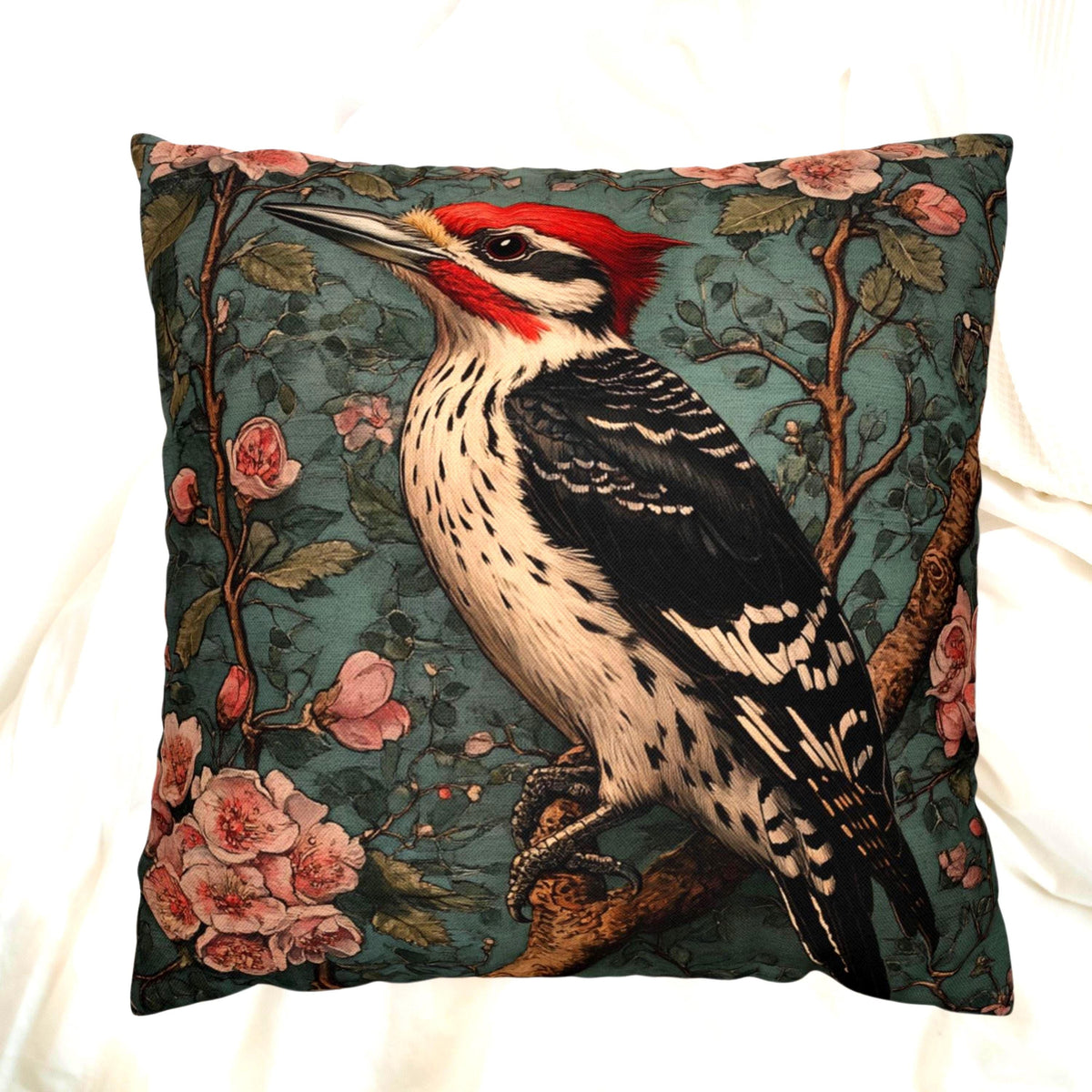 Vintage Woodpecker Floral Pillow, William Morris Style Cushion, Victorian Bird Art Accent, Cottagecore Home Decor, Rustic Botanical Decor