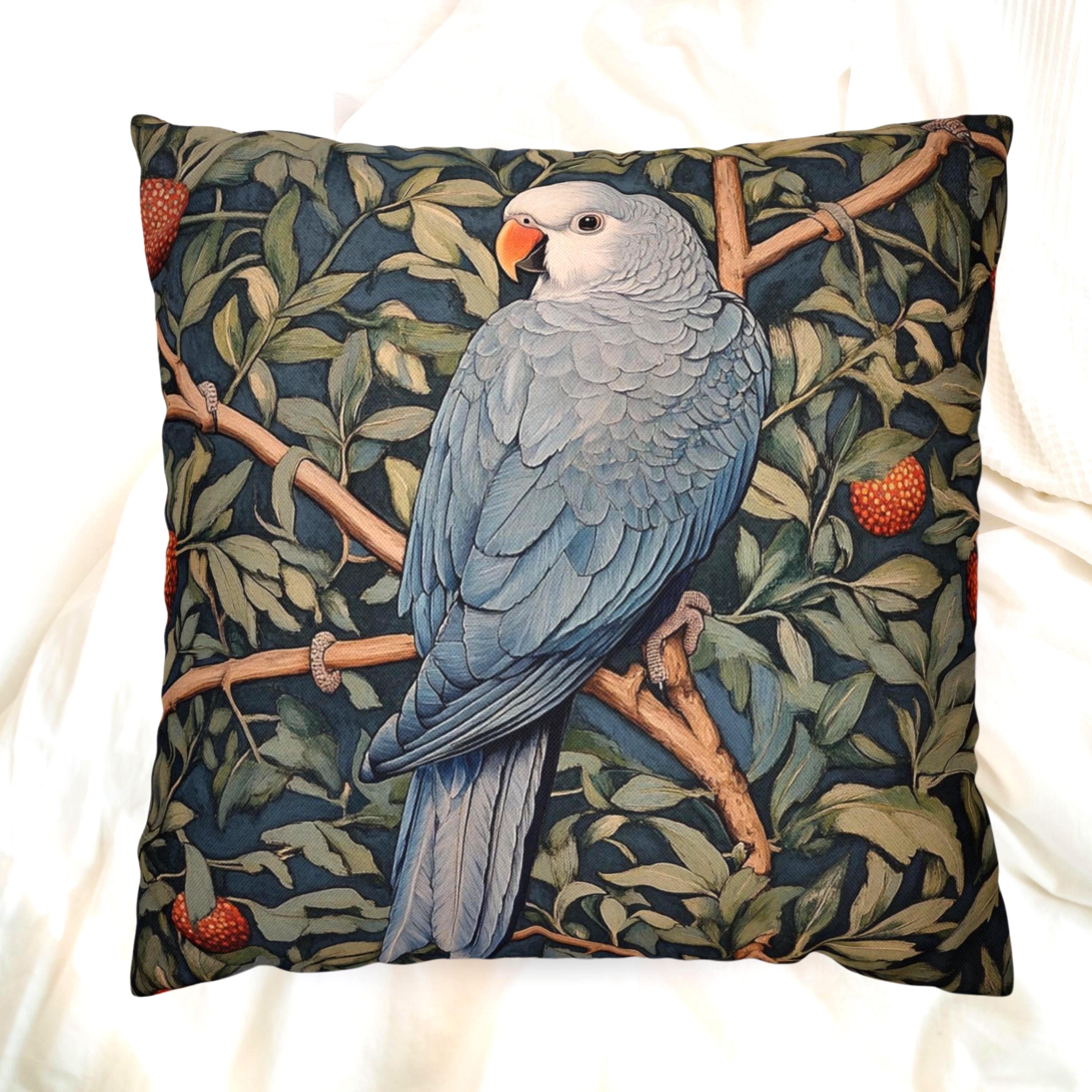 Blue Parrot Throw Pillow, Botanical Bird Cushion Cover, William Morris Inspired Jungle Decor, Artsy Tropical Leaf Accent, Nature Home Pillow