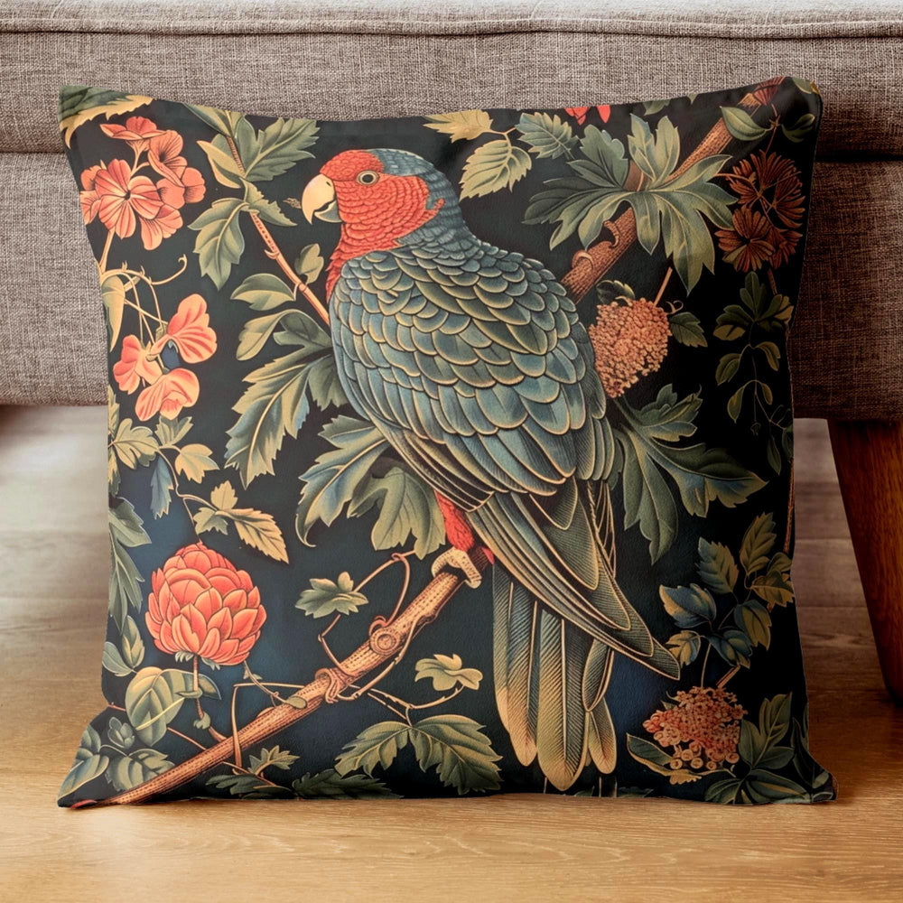 Parrot Garden Pillow, William Morris Inspired Botanical Cushion, Tropical Bird Throw Pillow, Elegant Couch Accent, Vintage Parrot Pillowcase
