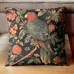 Parrot Garden Pillow, William Morris Inspired Botanical Cushion, Tropical Bird Throw Pillow, Elegant Couch Accent, Vintage Parrot Pillowcase