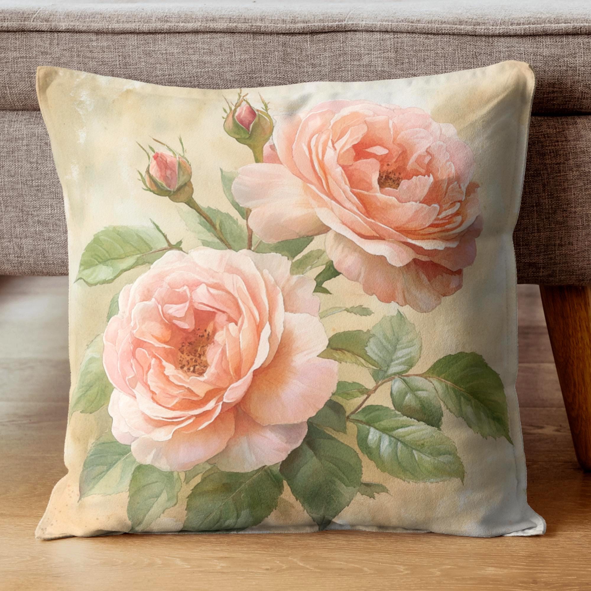 English Blush Rose Pillow, Soft Vintage Floral Cushion, Romantic Botanical Throw Pillow, Cottagecore Pillowcase, Pastel Couch Accent