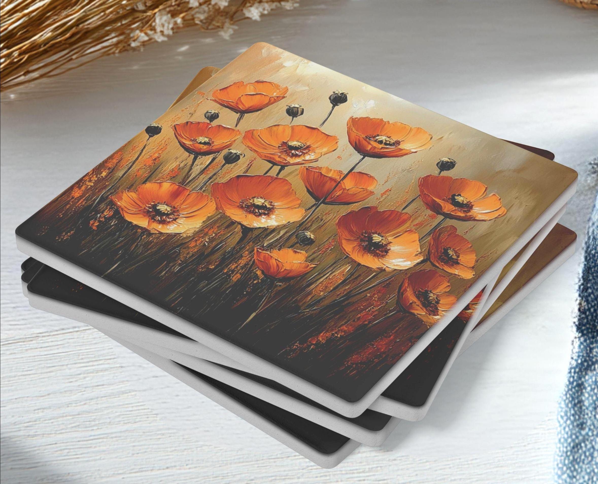 Rustic Orange Poppy Coaster Set of 4, Floral Botanical Ceramic Drink Coasters, Autumn Flower Home Decor Gift