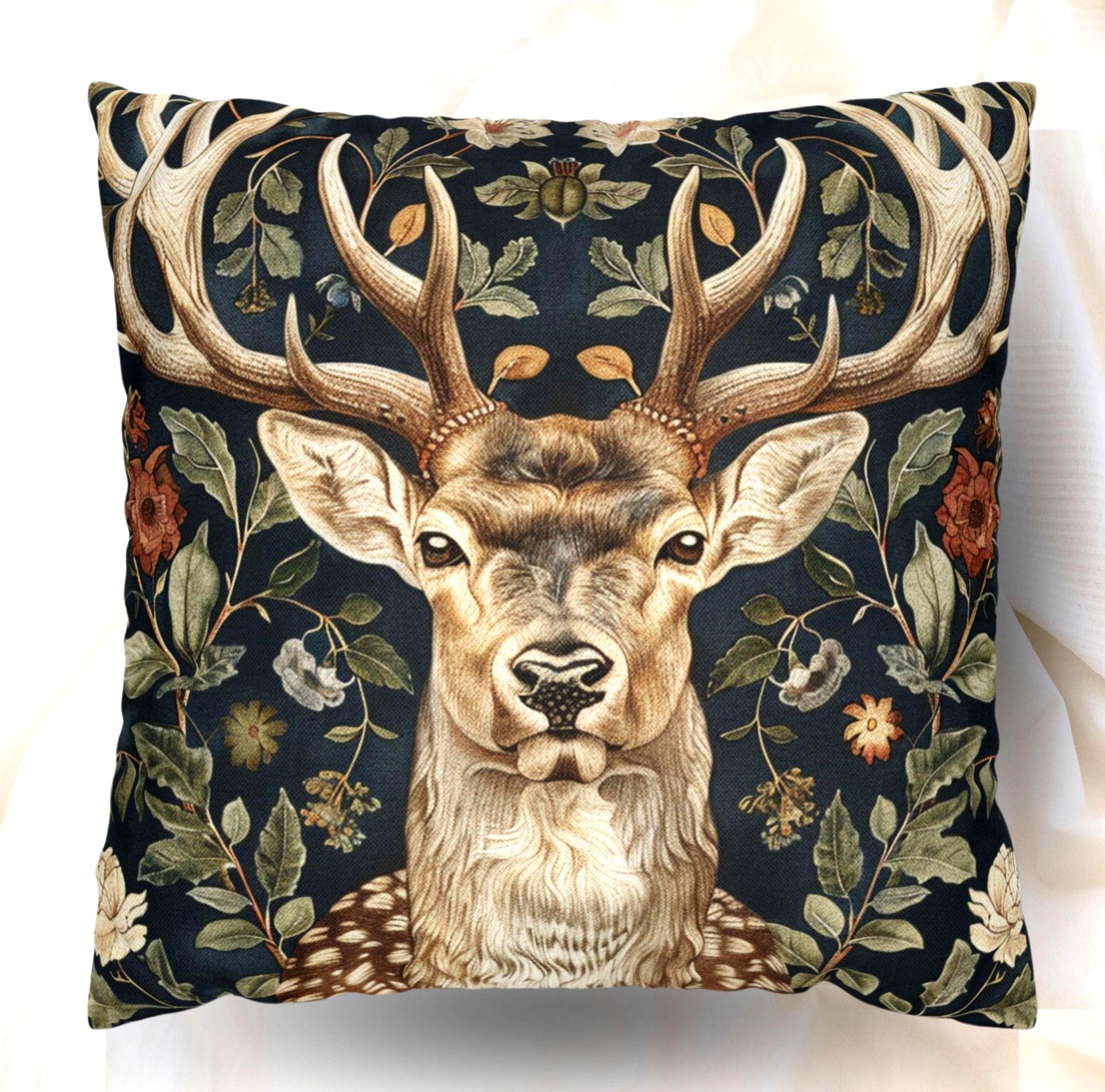 Woodland Vintage Deer Pillow William Morris Inspired, Deer Cushion Cover, Wildlife Living Room Decor, Whimsical Throwpillow
