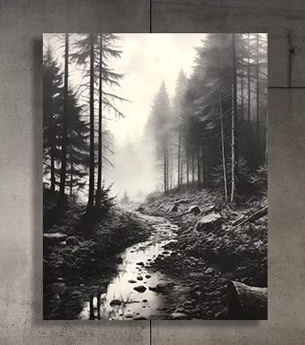 Black and White Misty Forest Canvas Wall Art, Black Framed Wall Art, Foggy Forest Wall Art, Foggy Forest Art, Moody Black and White Painting
