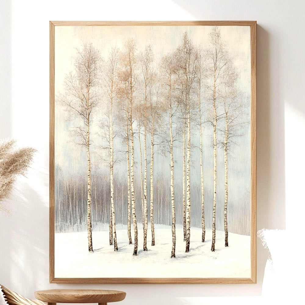 Winter Birch Grove Framed Canvas Art, Neutral Snowy Trees Minimal Nature Decor