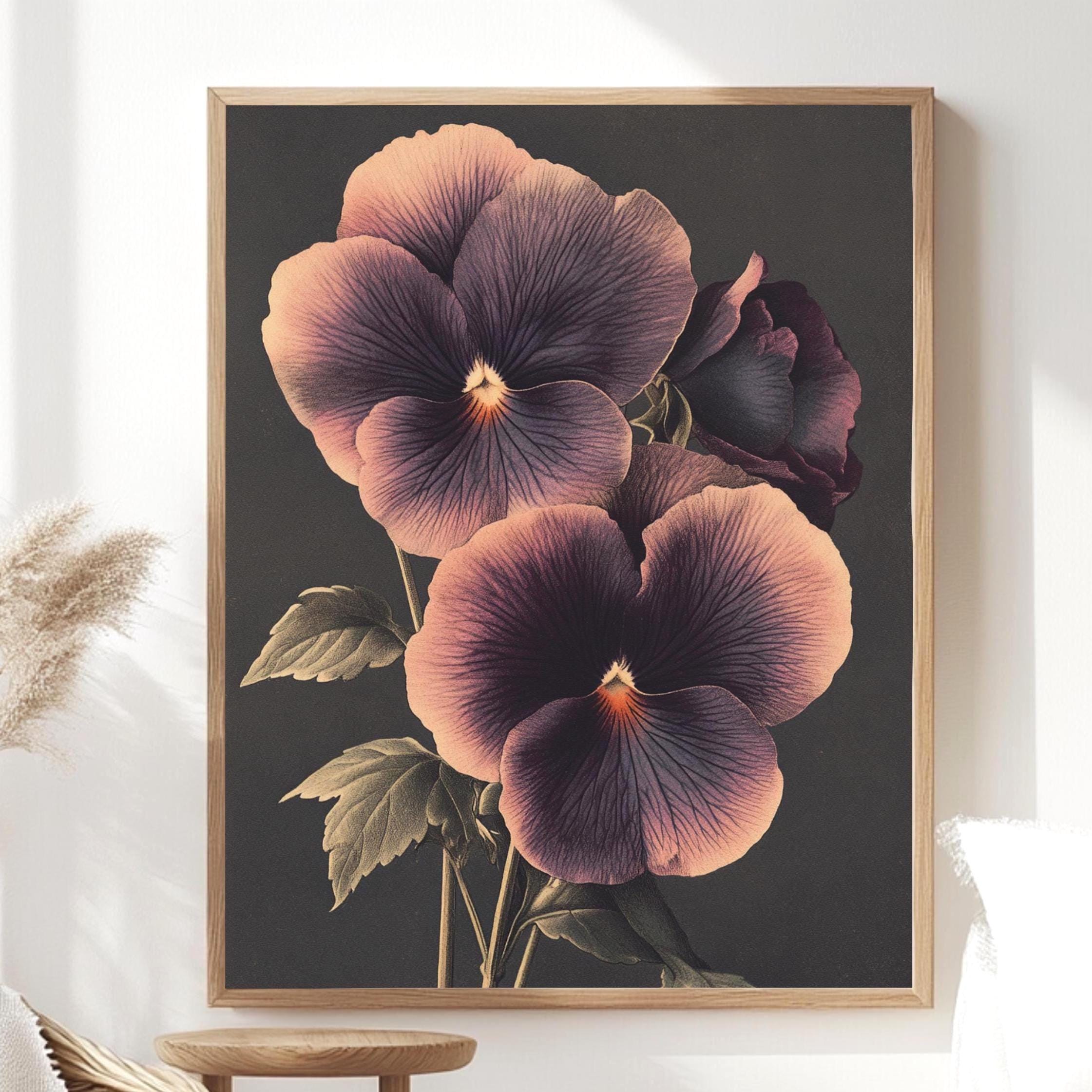 Vintage Pansy Wall Art, Botanical Flower Poster Print, Floral Canvas, Framed Garden-Inspired Art, Nature-Inspired Poster, Floral Wall Decor