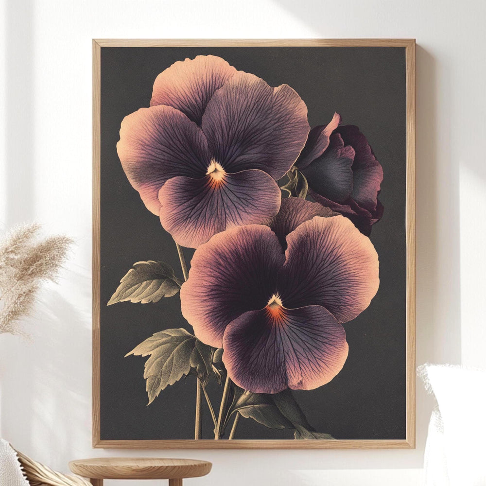 Vintage Pansy Wall Art, Botanical Flower Poster Print, Floral Canvas, Framed Garden-Inspired Art, Nature-Inspired Poster, Floral Wall Decor