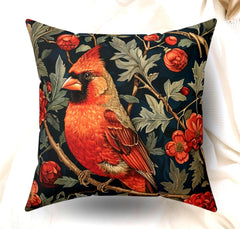 William Morris The Red Cardinal Bird Pillow, Vintage Throw Pillow, Home Decor, Forestcore, Floral Botanical, Pillow, Cushion, Housewarming