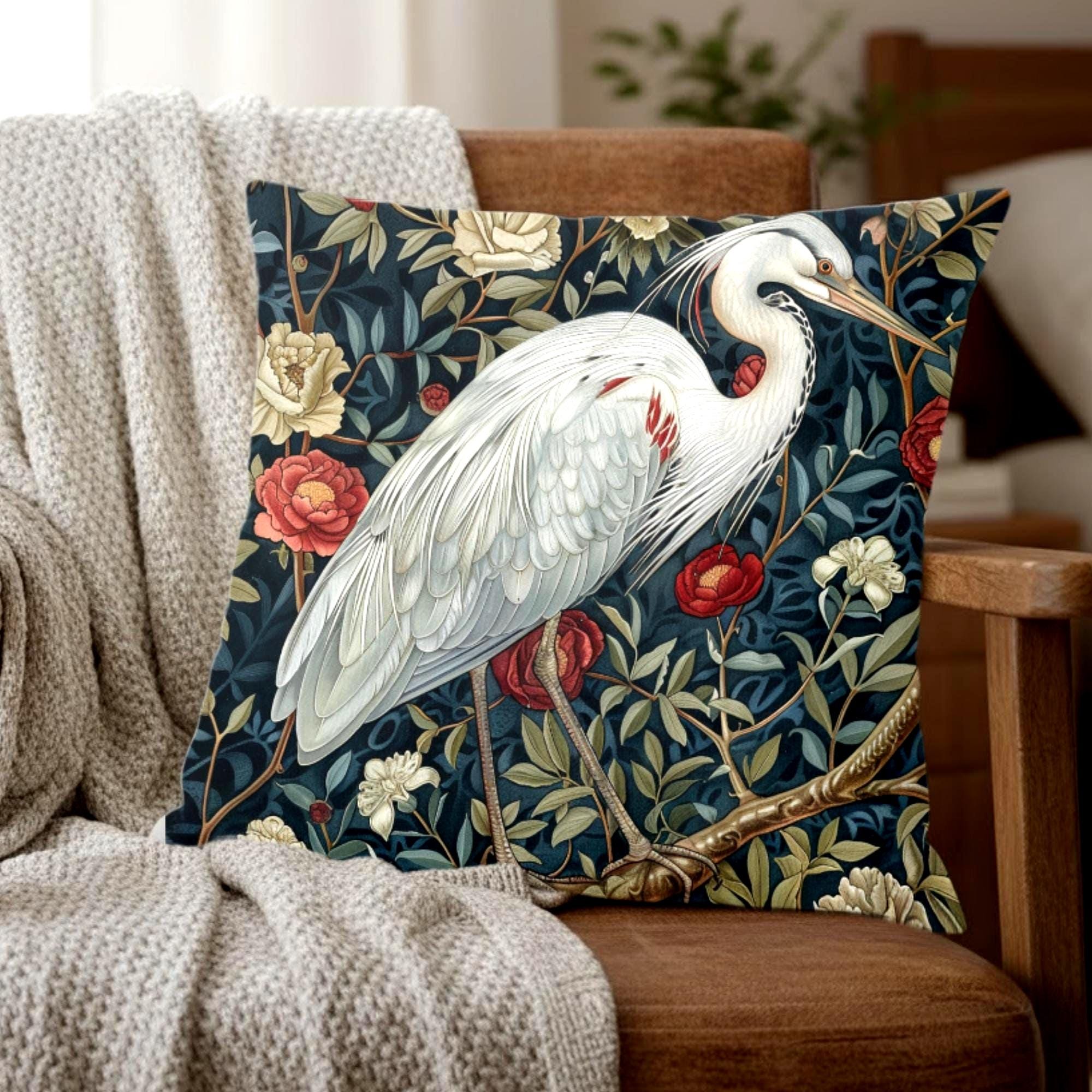 White Egret Floral Pillow, William Morris Bird Cushion, Vintage Botanical Throw Pillow, Nature Home Accent, Elegant Garden Pillowcase Gift