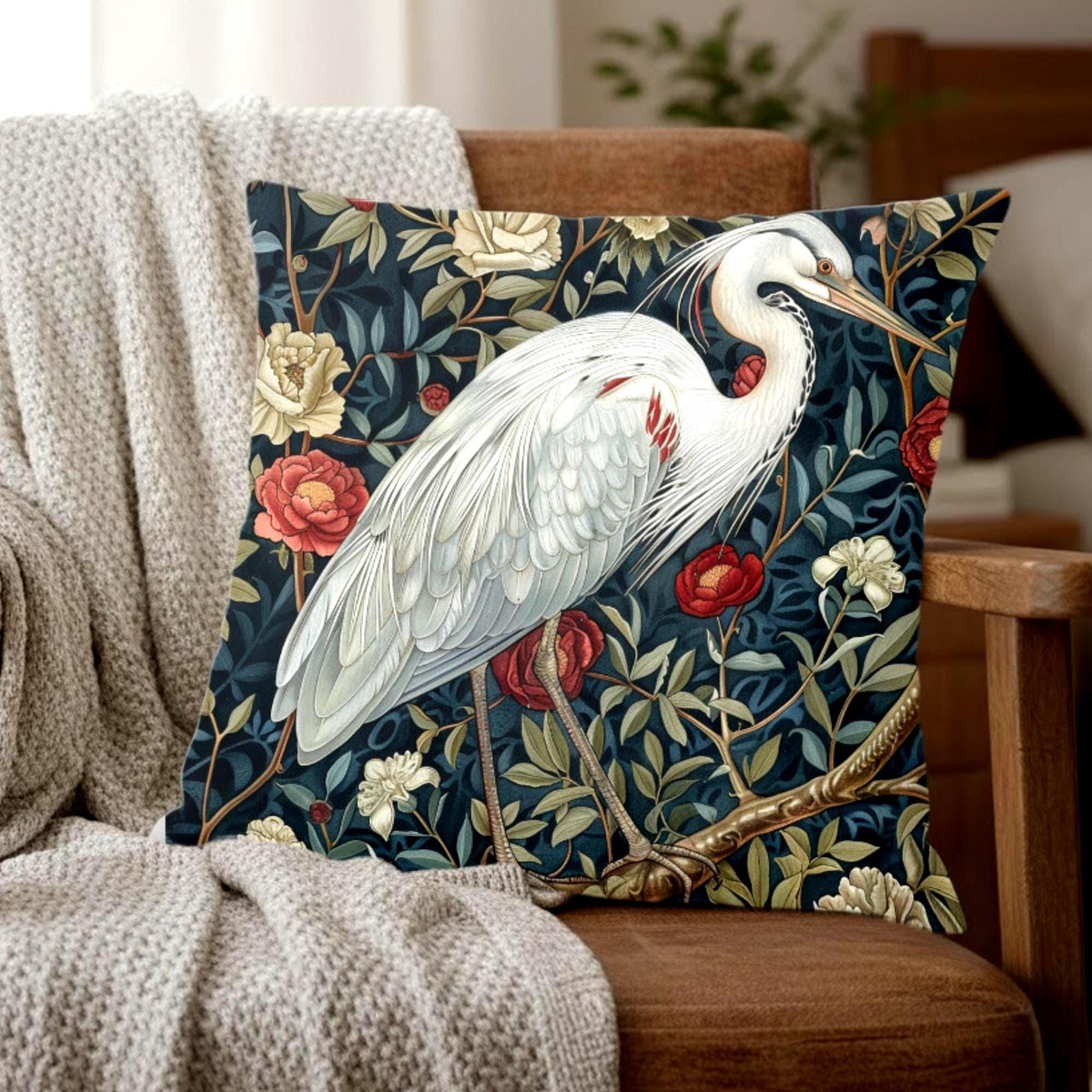 White Egret Floral Pillow, William Morris Bird Cushion, Vintage Botanical Throw Pillow, Nature Home Accent, Elegant Garden Pillowcase Gift