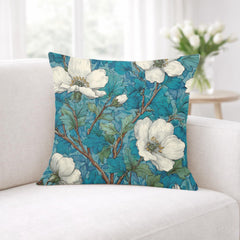 White Magnolia Pillow, Teal Botanical Floral Throw Pillow, Vintage Garden Cushion, Elegant Nature Pillowcase, Classic Cottage Decor