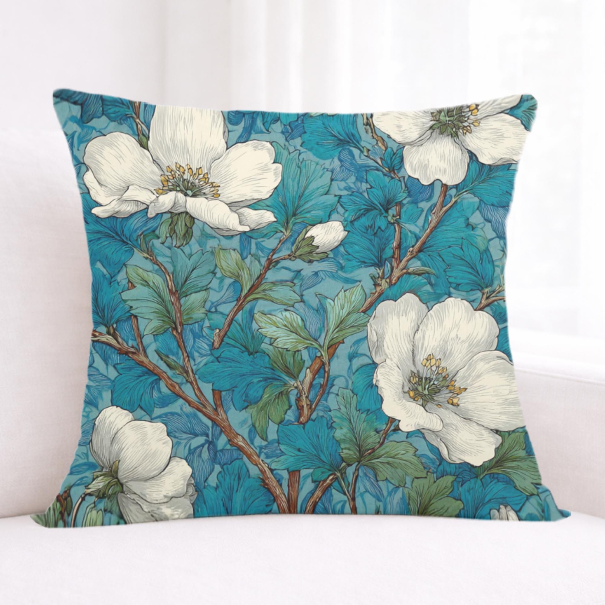 White Magnolia Pillow, Teal Botanical Floral Throw Pillow, Vintage Garden Cushion, Elegant Nature Pillowcase, Classic Cottage Decor