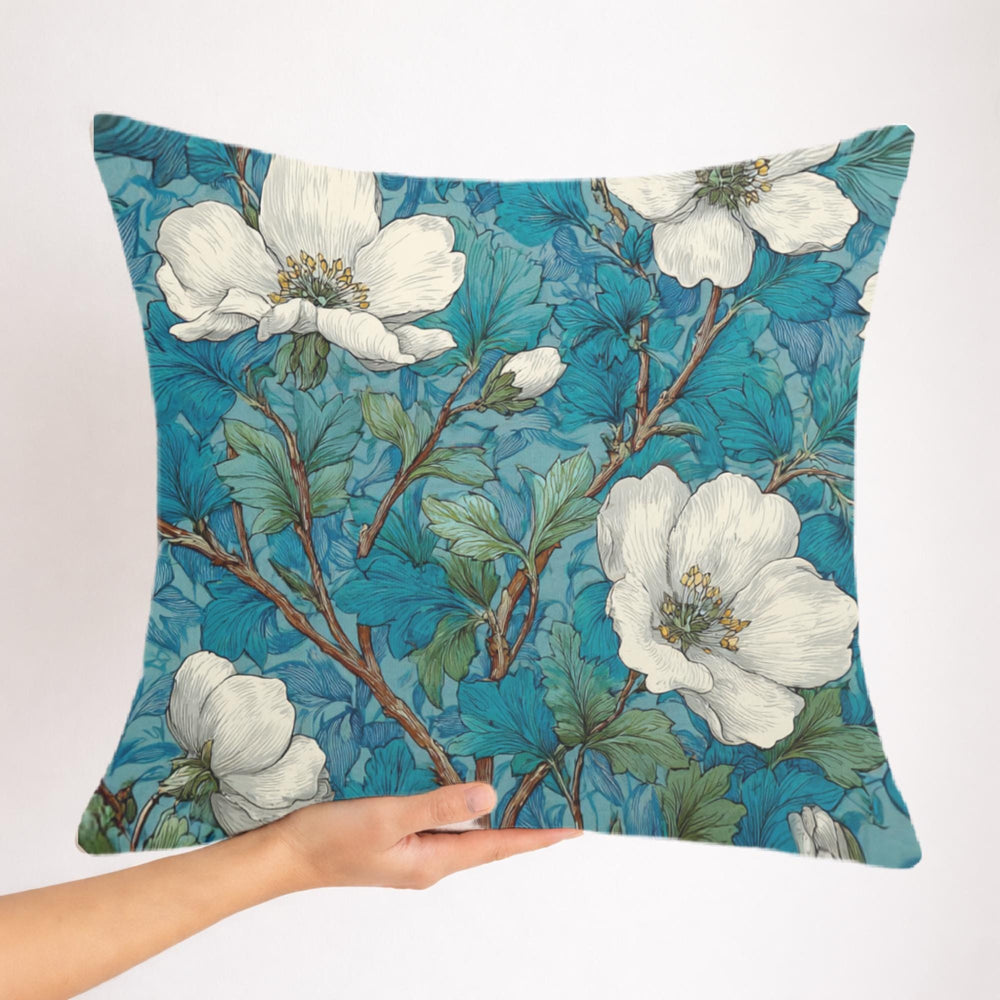 White Magnolia Pillow, Teal Botanical Floral Throw Pillow, Vintage Garden Cushion, Elegant Nature Pillowcase, Classic Cottage Decor
