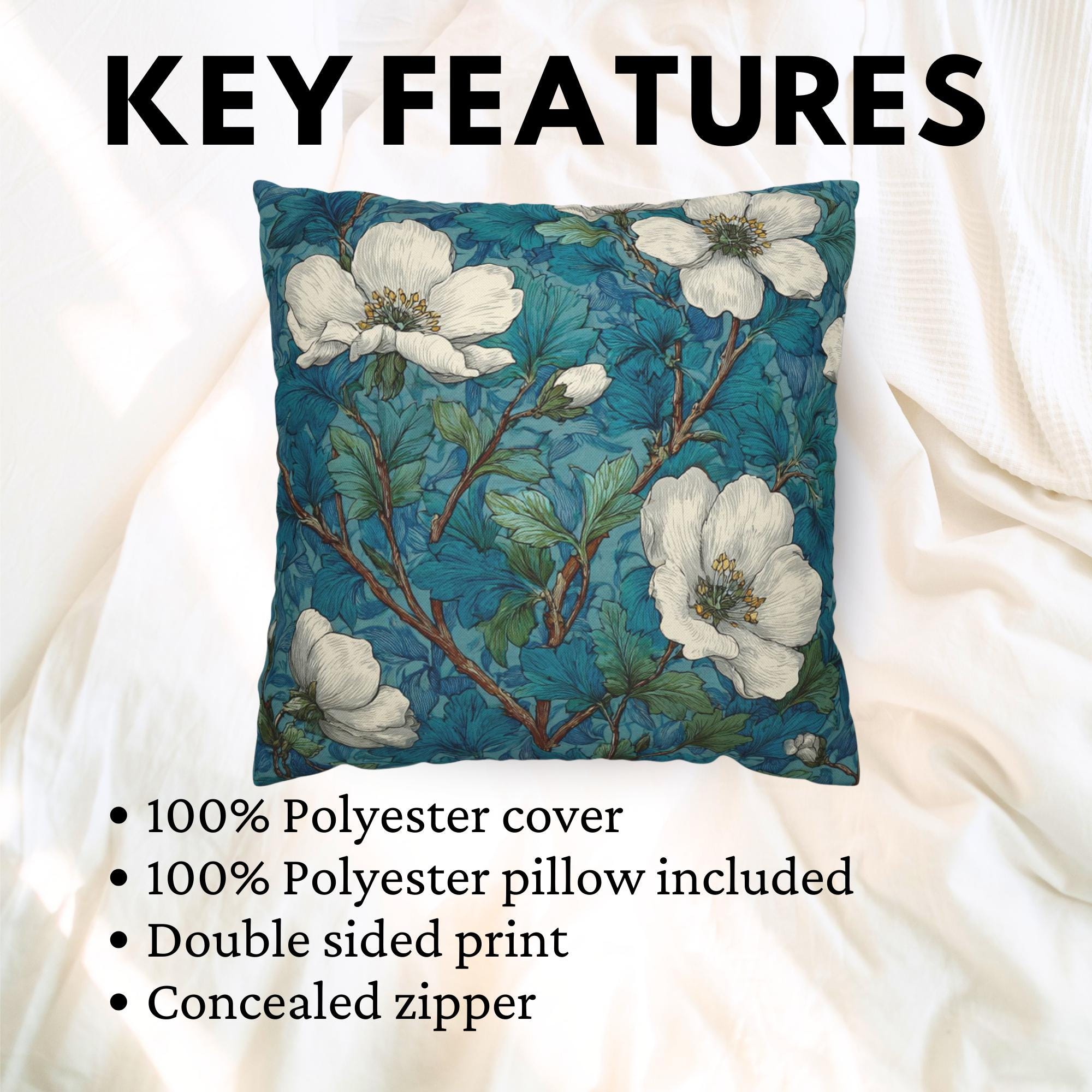 White Magnolia Pillow, Teal Botanical Floral Throw Pillow, Vintage Garden Cushion, Elegant Nature Pillowcase, Classic Cottage Decor