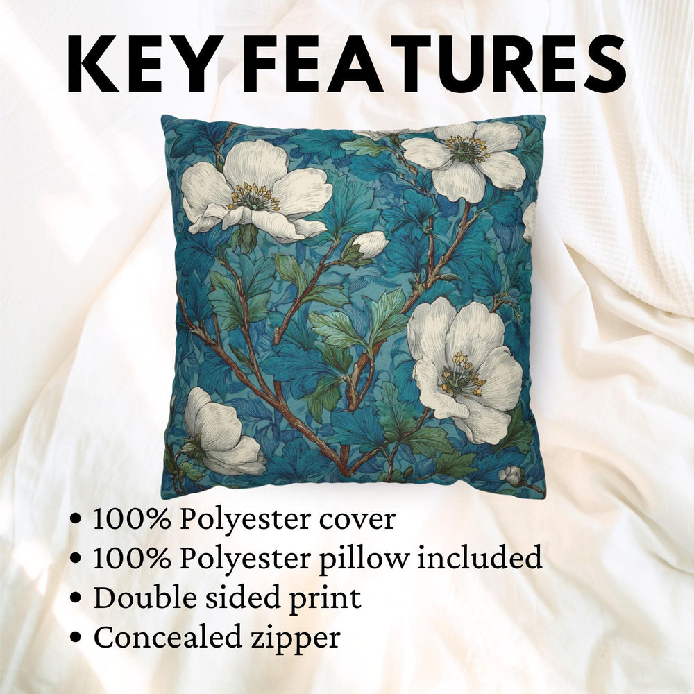 White Magnolia Pillow, Teal Botanical Floral Throw Pillow, Vintage Garden Cushion, Elegant Nature Pillowcase, Classic Cottage Decor