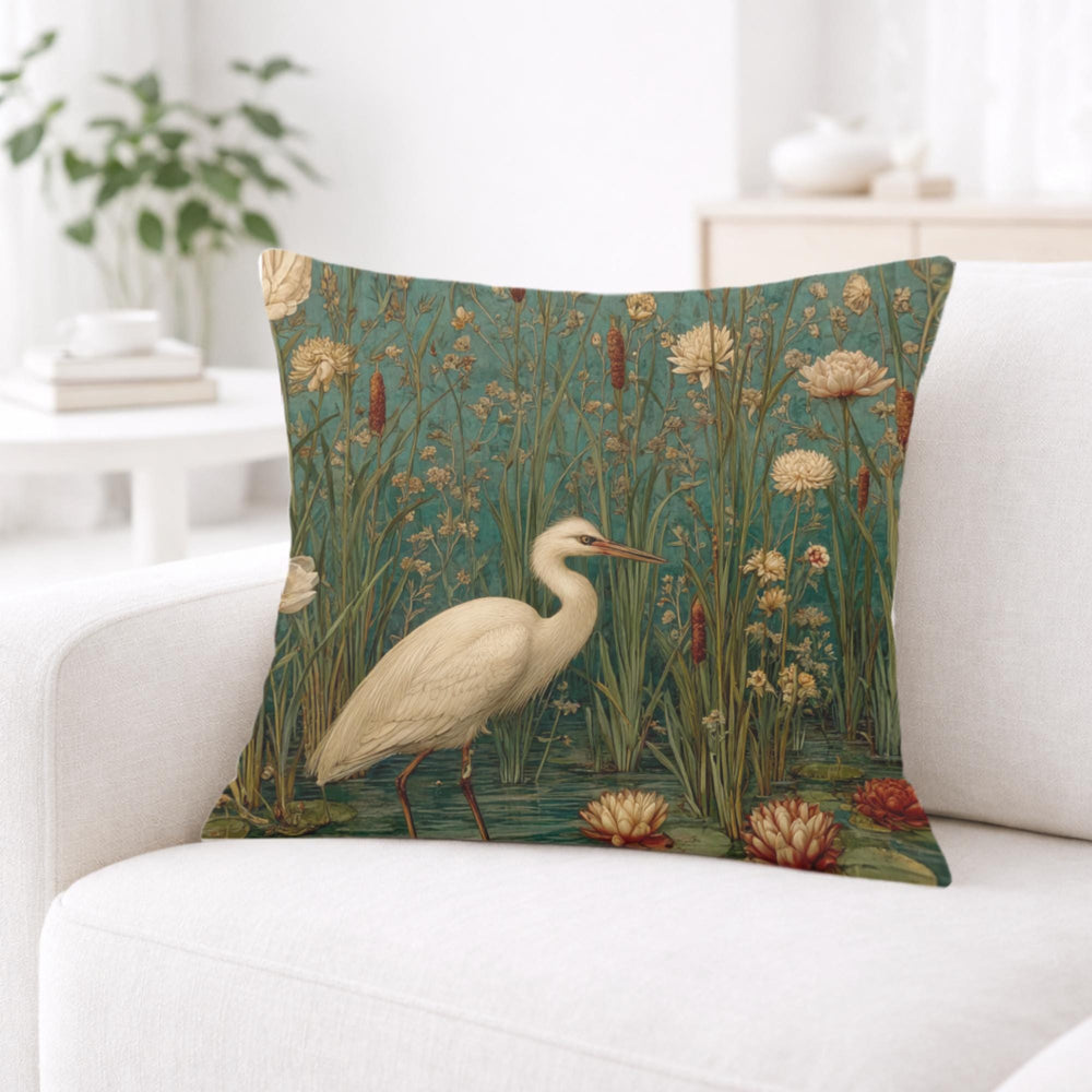 White Heron Marsh Pillow, Vintage Wetland Bird Throw Pillow, Elegant Nature Cushion, Botanical Water Garden Pillowcase, Serene Cottage Decor