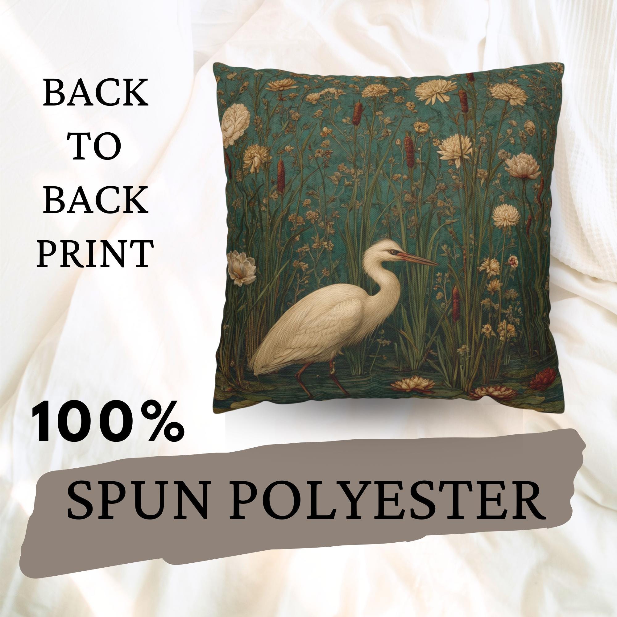 White Heron Marsh Pillow, Vintage Wetland Bird Throw Pillow, Elegant Nature Cushion, Botanical Water Garden Pillowcase, Serene Cottage Decor