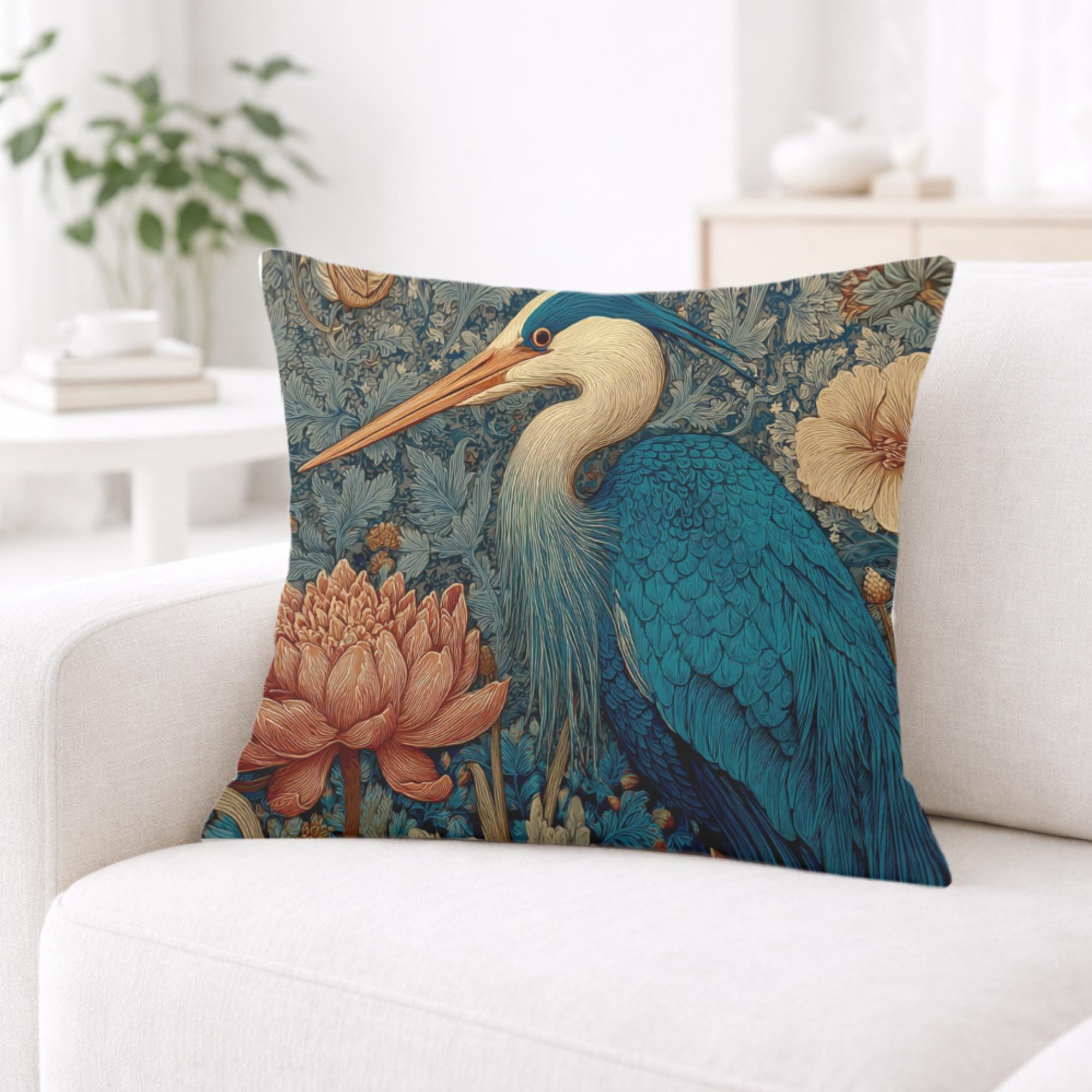 Blue Heron Floral Pillow, Vintage Botanical Bird Throw Pillow, Elegant Nature Cushion, William Morris Style Pillowcase, Cottagecore Decor