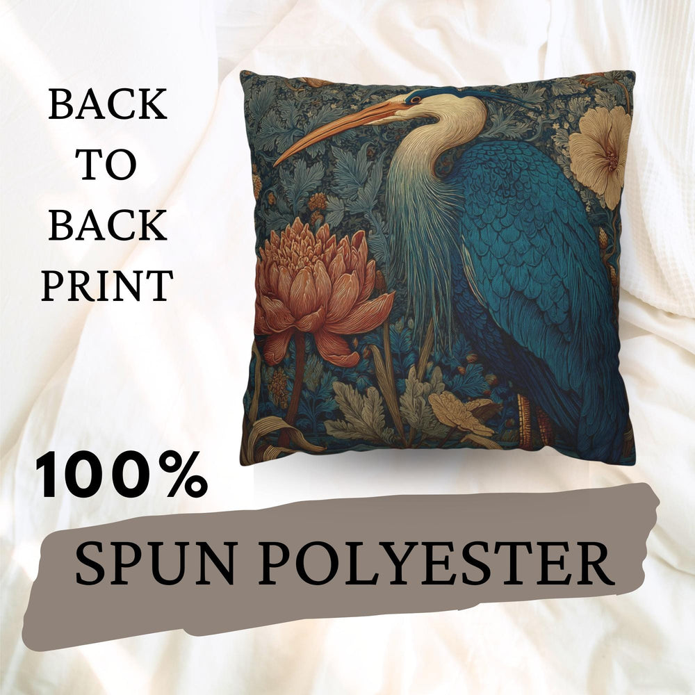Blue Heron Floral Pillow, Vintage Botanical Bird Throw Pillow, Elegant Nature Cushion, William Morris Style Pillowcase, Cottagecore Decor