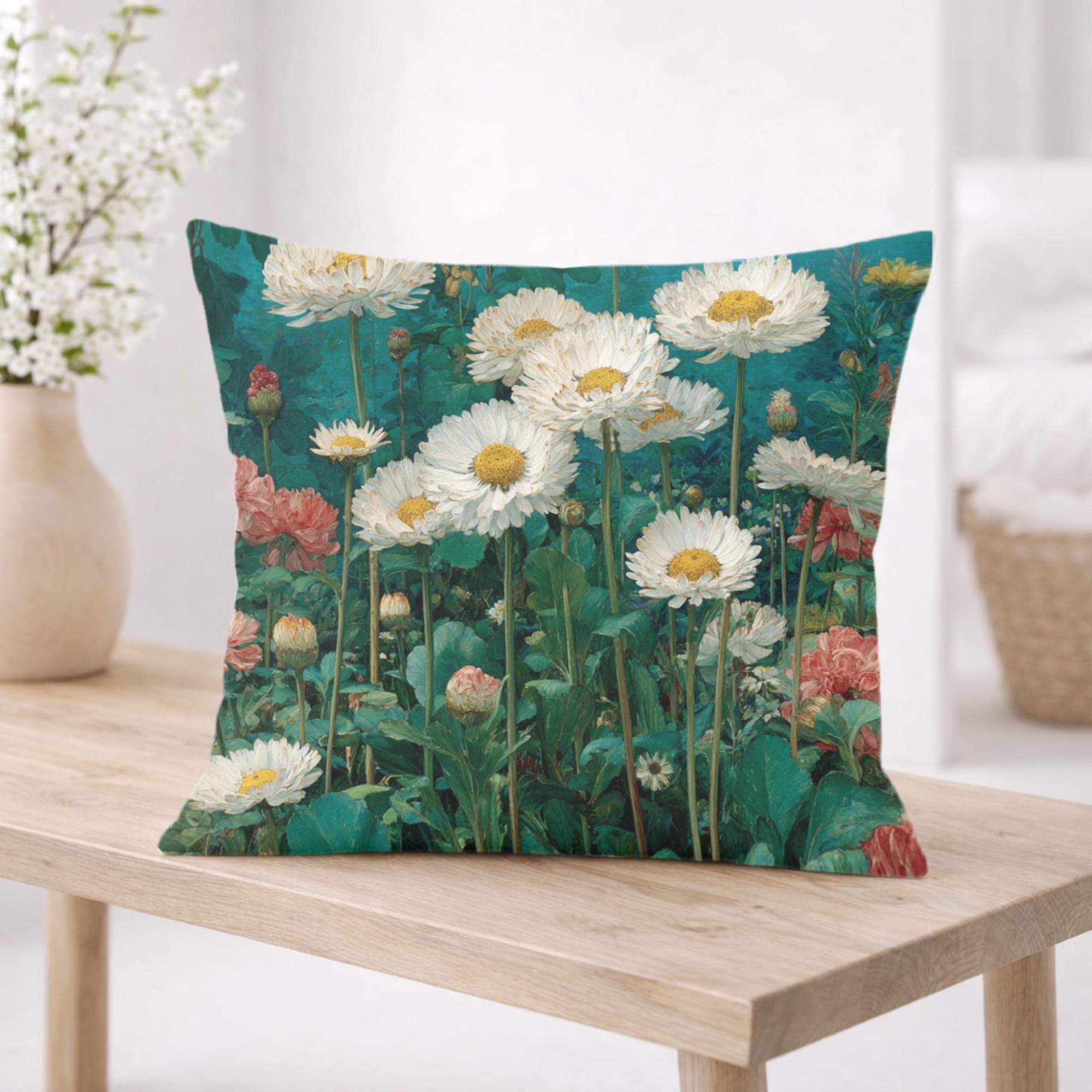 White Daisy Garden Pillow, Vintage Floral Meadow Throw Pillow, Soft Botanical Cushion, Cottagecore Nature Pillowcase, Classic Home Decor