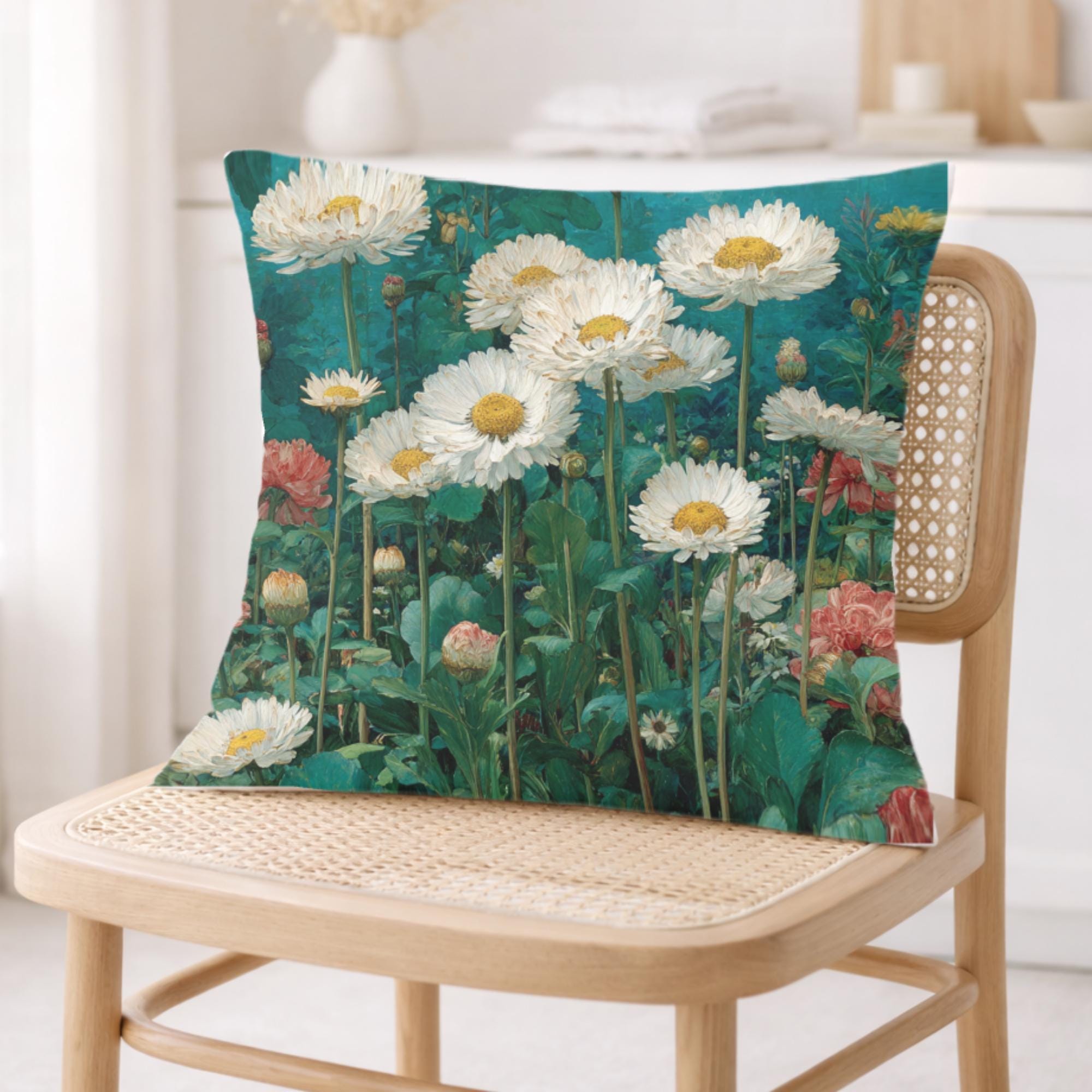 White Daisy Garden Pillow, Vintage Floral Meadow Throw Pillow, Soft Botanical Cushion, Cottagecore Nature Pillowcase, Classic Home Decor