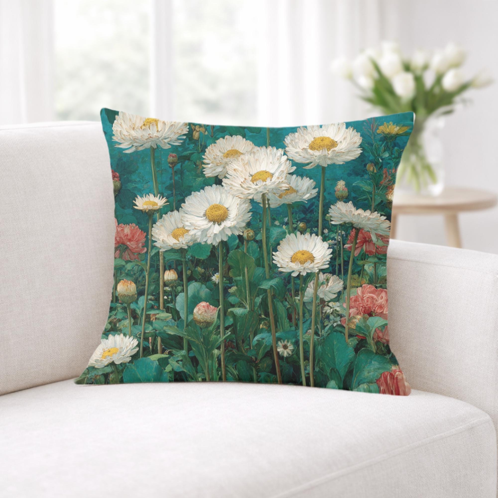 White Daisy Garden Pillow, Vintage Floral Meadow Throw Pillow, Soft Botanical Cushion, Cottagecore Nature Pillowcase, Classic Home Decor