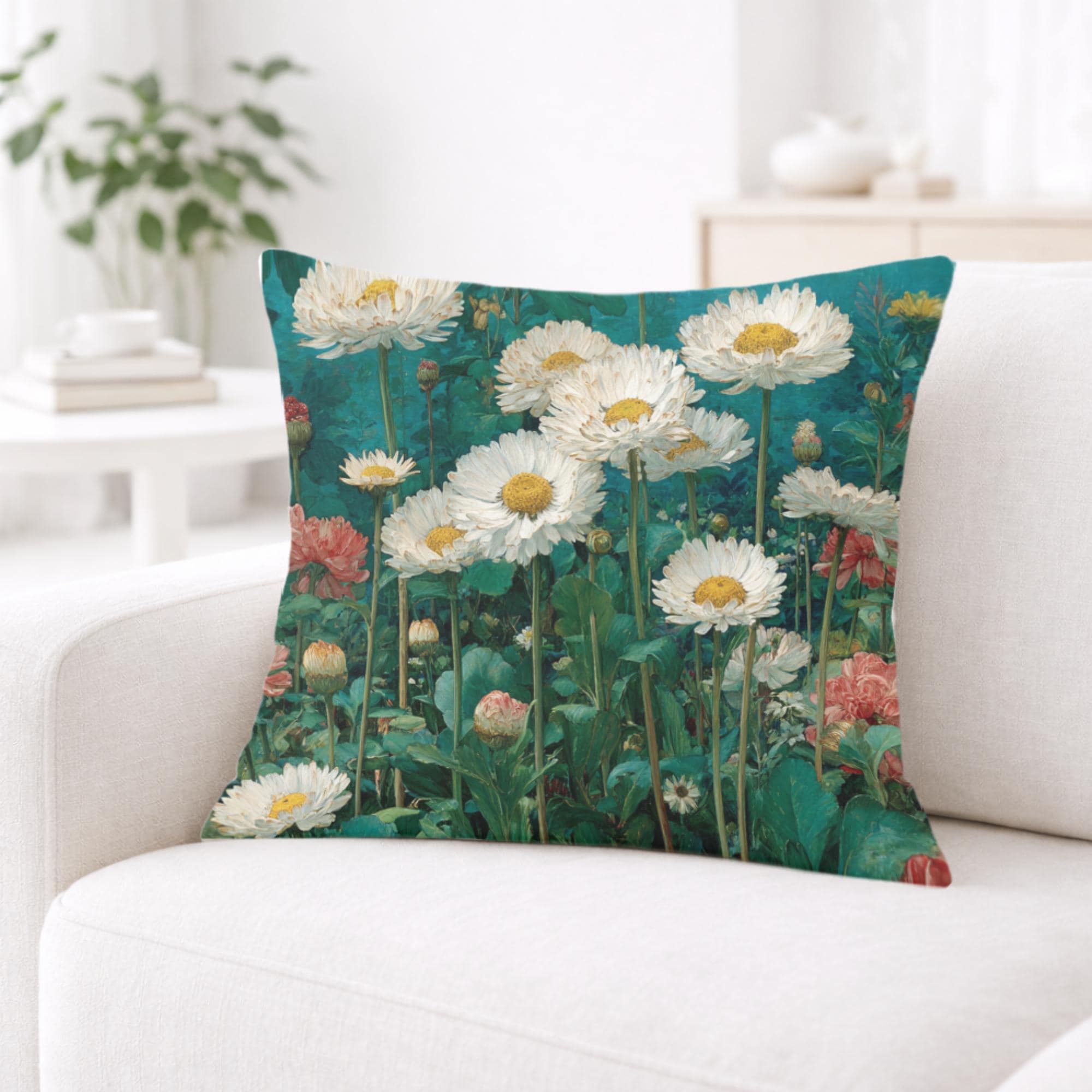 White Daisy Garden Pillow, Vintage Floral Meadow Throw Pillow, Soft Botanical Cushion, Cottagecore Nature Pillowcase, Classic Home Decor