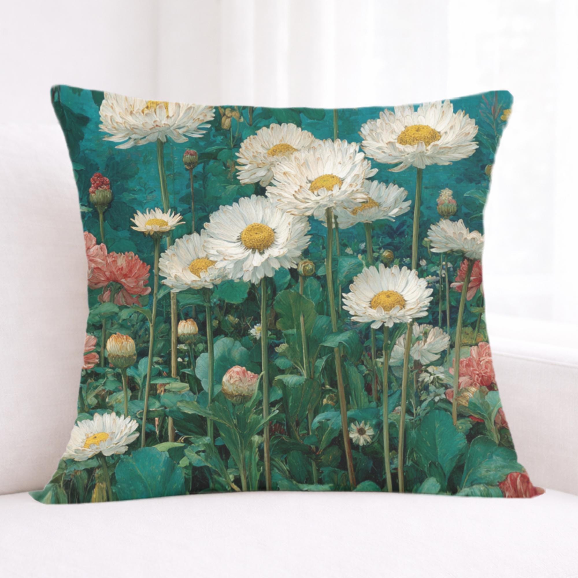 White Daisy Garden Pillow, Vintage Floral Meadow Throw Pillow, Soft Botanical Cushion, Cottagecore Nature Pillowcase, Classic Home Decor