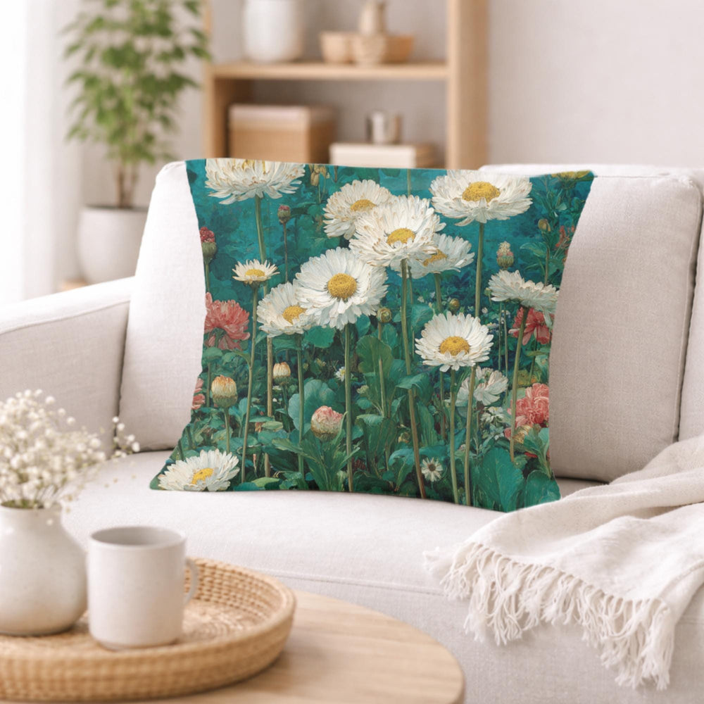 White Daisy Garden Pillow, Vintage Floral Meadow Throw Pillow, Soft Botanical Cushion, Cottagecore Nature Pillowcase, Classic Home Decor