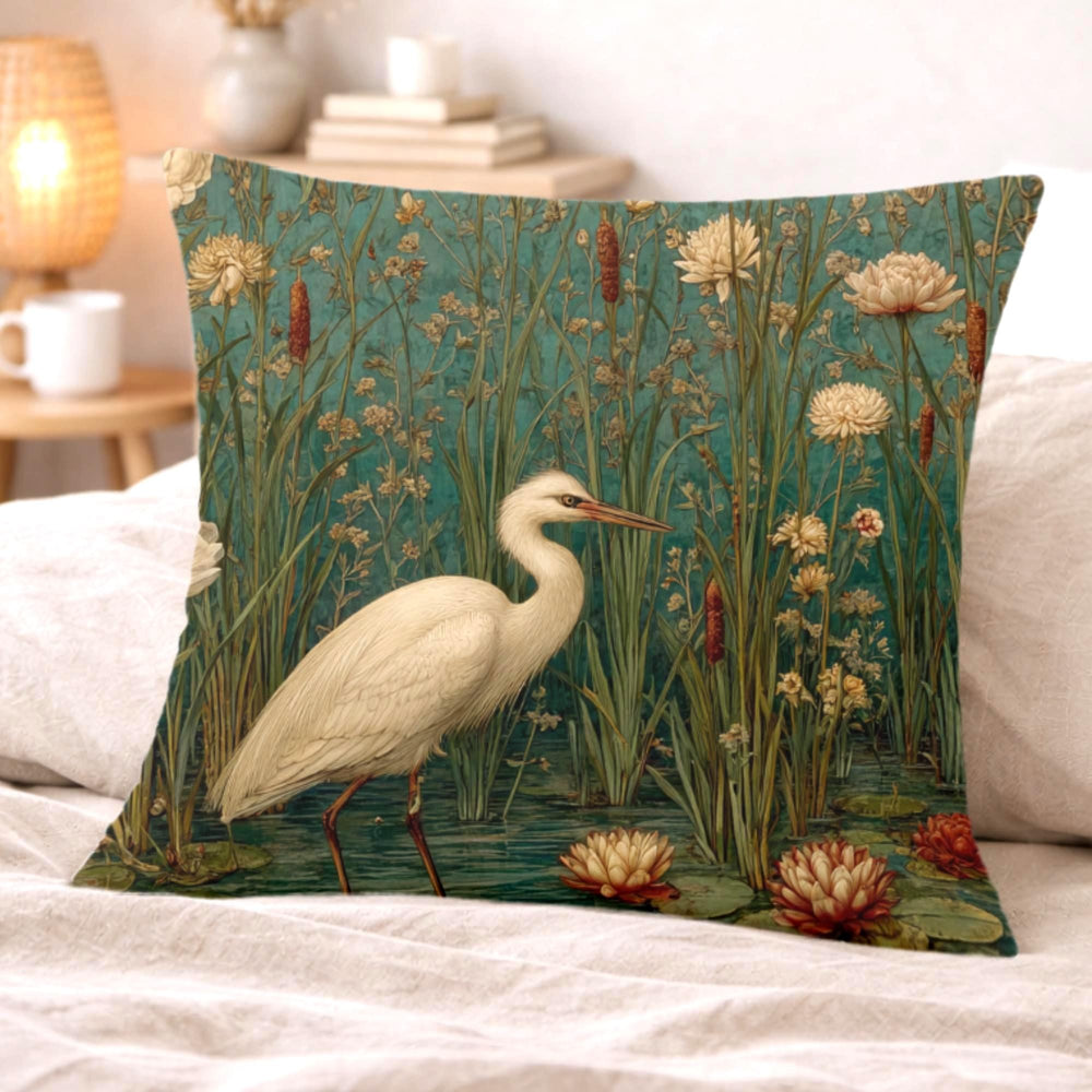 White Heron Marsh Pillow, Vintage Wetland Bird Throw Pillow, Elegant Nature Cushion, Botanical Water Garden Pillowcase, Serene Cottage Decor