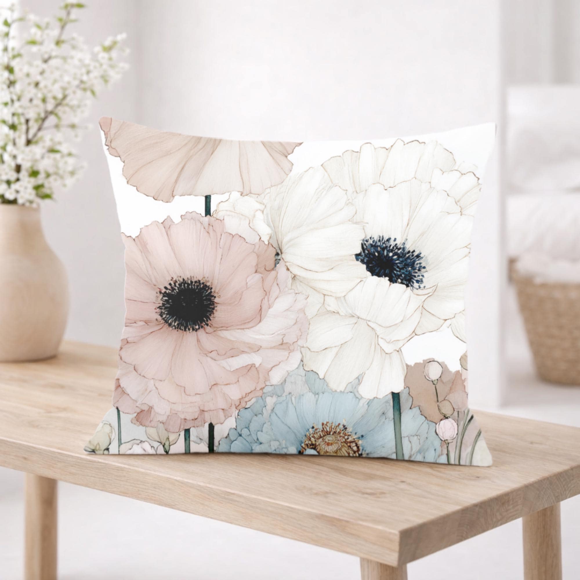 Soft Pastel Anemone Pillow, Watercolor Nature Cushion, Blush Blue Floral Throw Pillow, Cottage Garden Pillowcase, Serene Home Decor