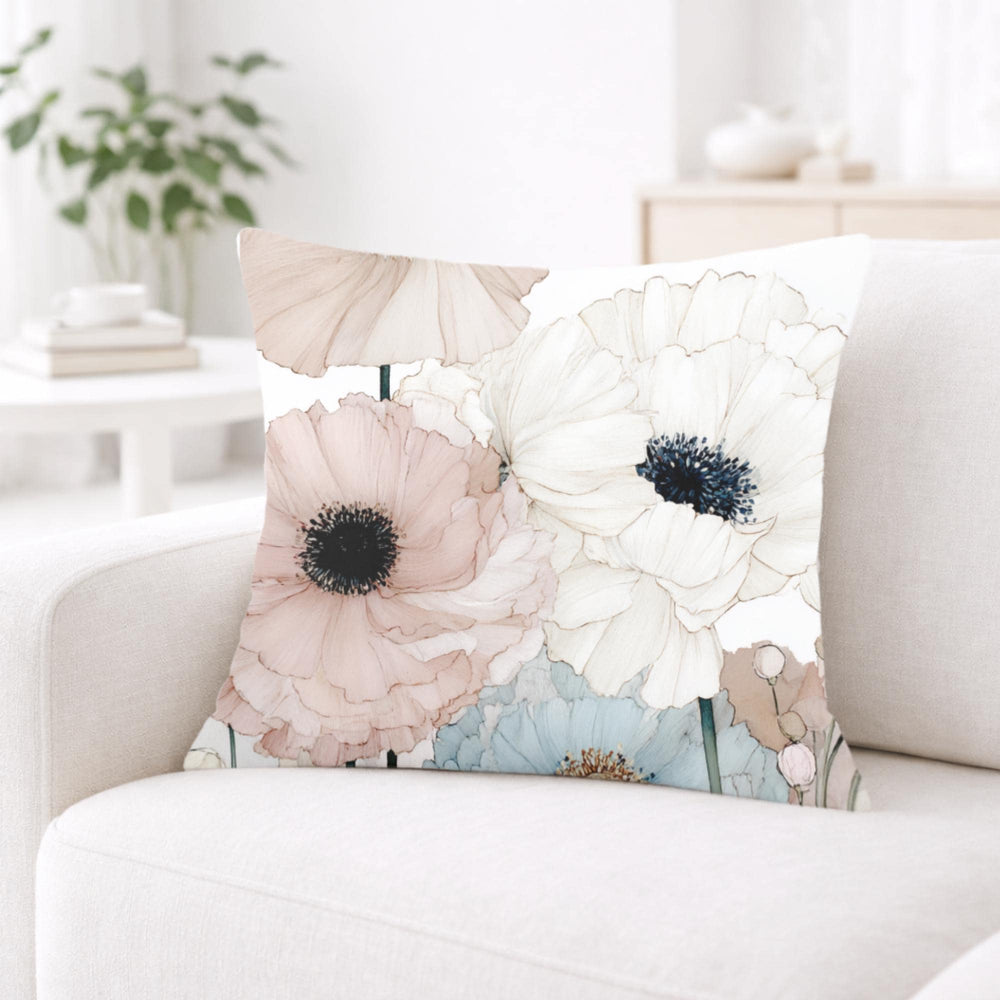 Soft Pastel Anemone Pillow, Watercolor Nature Cushion, Blush Blue Floral Throw Pillow, Cottage Garden Pillowcase, Serene Home Decor