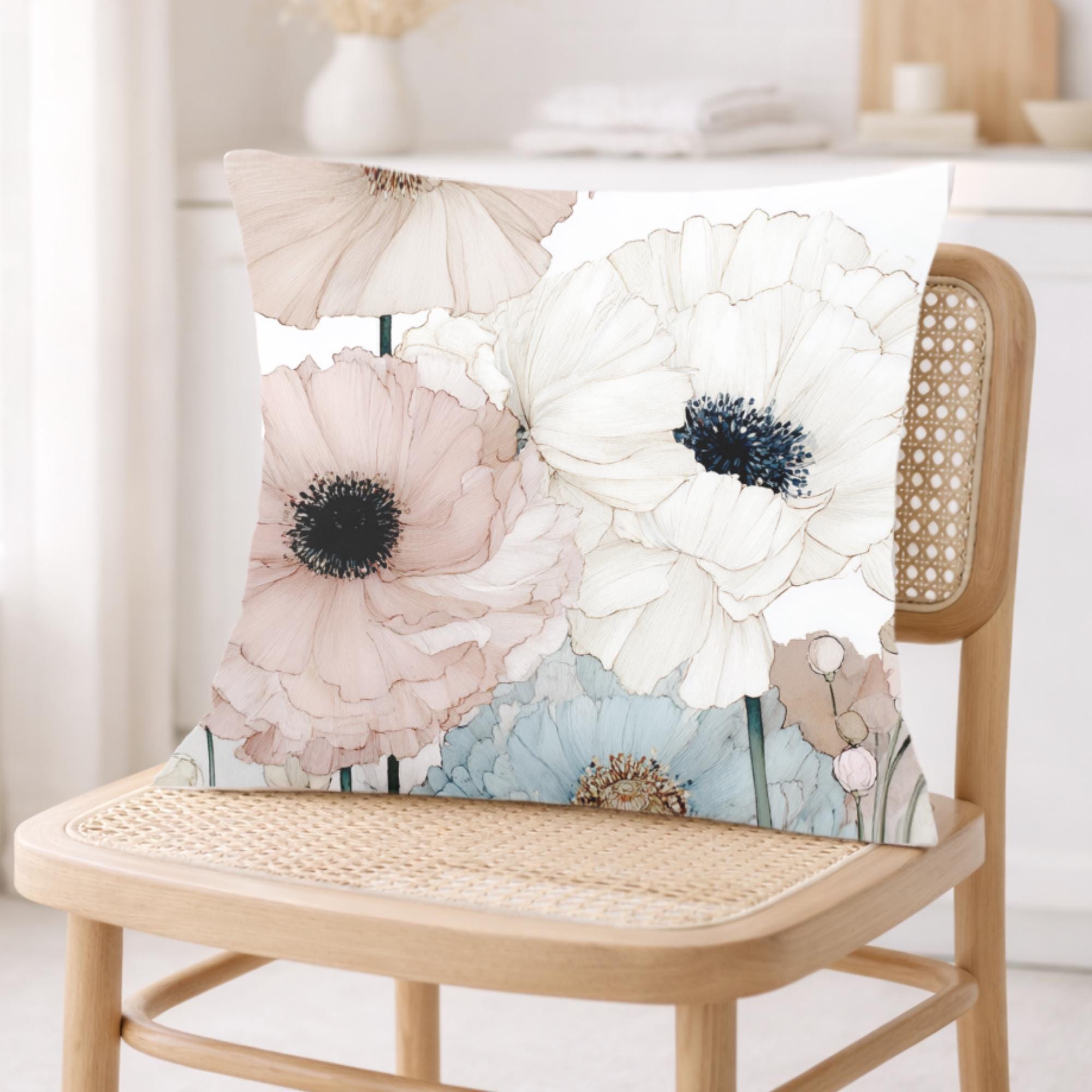 Soft Pastel Anemone Pillow, Watercolor Nature Cushion, Blush Blue Floral Throw Pillow, Cottage Garden Pillowcase, Serene Home Decor