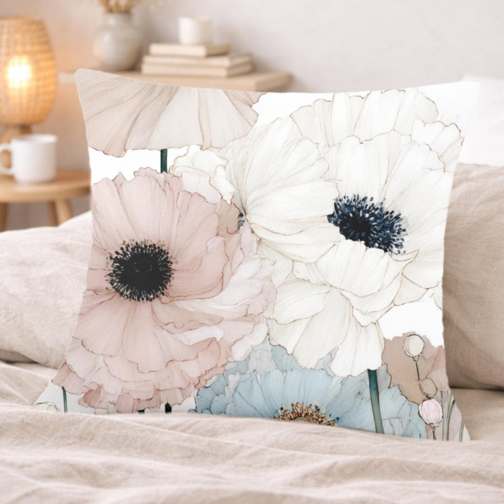 Soft Pastel Anemone Pillow, Watercolor Nature Cushion, Blush Blue Floral Throw Pillow, Cottage Garden Pillowcase, Serene Home Decor