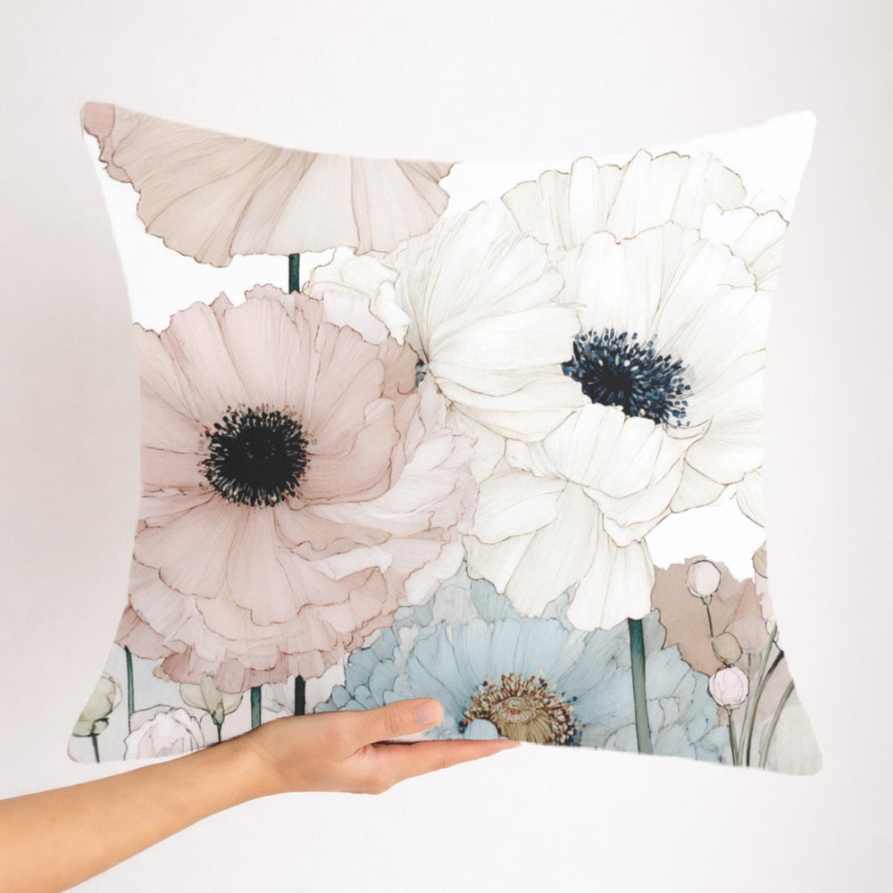 Soft Pastel Anemone Pillow, Watercolor Nature Cushion, Blush Blue Floral Throw Pillow, Cottage Garden Pillowcase, Serene Home Decor